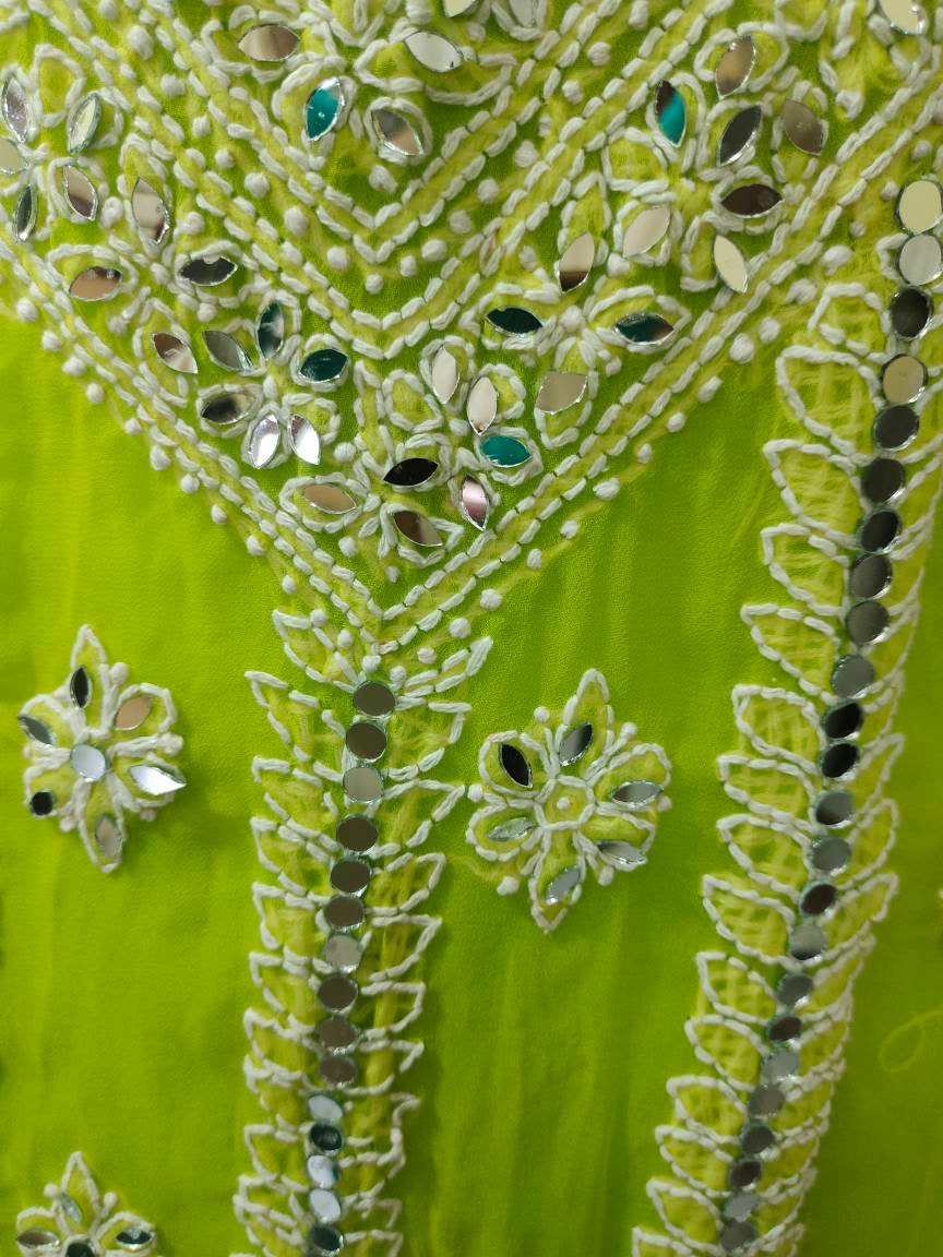 Neon green salwar kameez suit Chiffon chikankari glass work party wear festivals white thread work mirror work