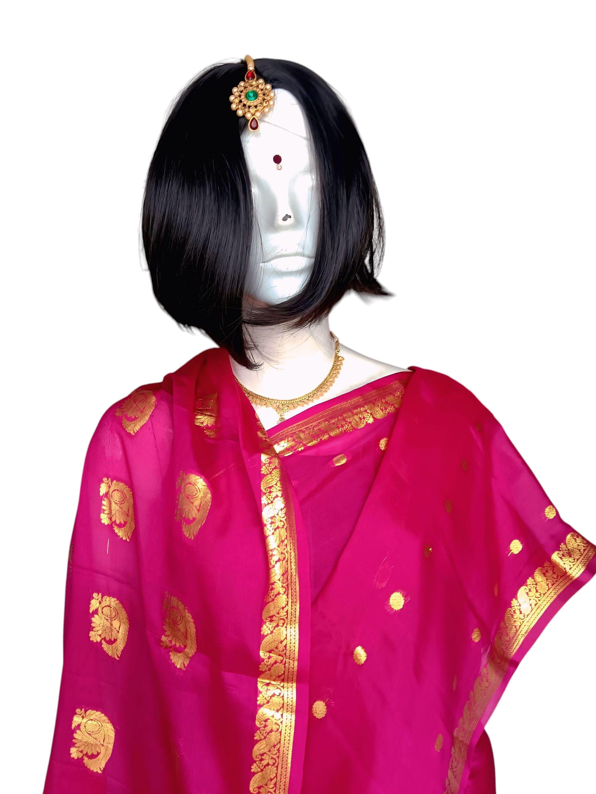 Majenta Pink Golden 100% Pure Crepe Silk With Majenta Crepe Silk Unstitched Blouse  Golden Embroidered Border Lightweight Bollywood Soft