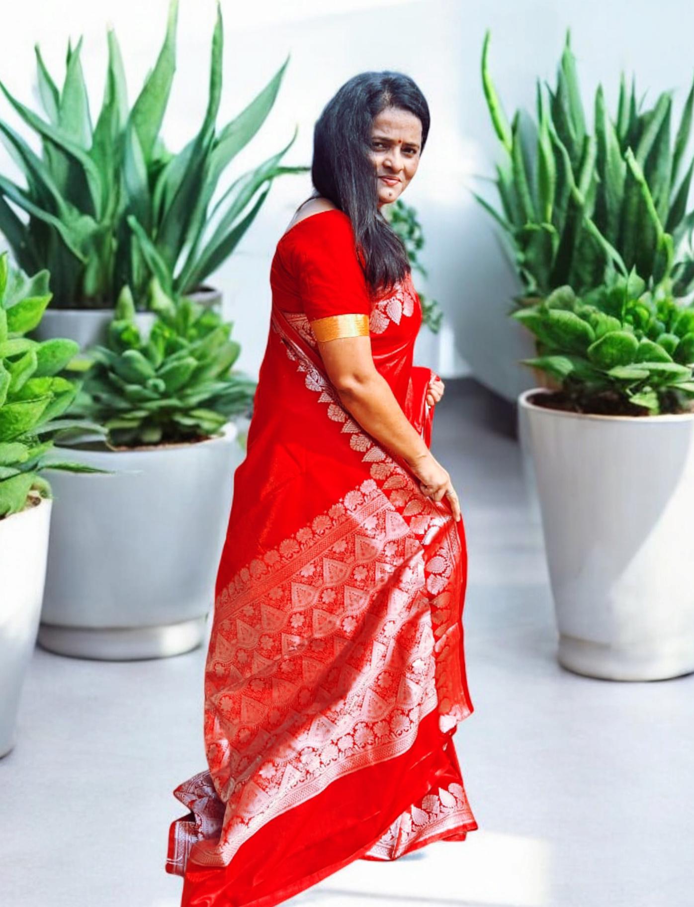 Red Satin Banarasi Saree With Unstitched Red Satin Blouse Silver Zari Work Banarasi Saree Red Saree Bollywood Gift For Her Indian Saree