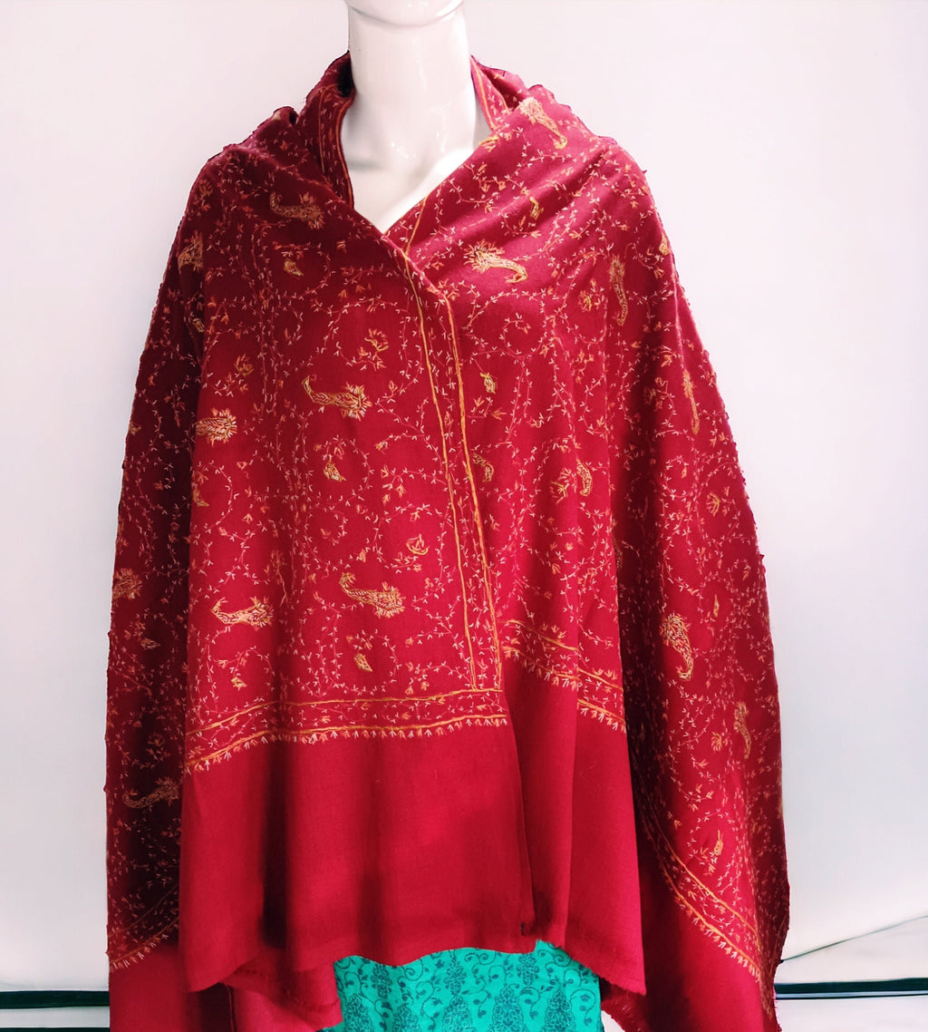 Red Embroidered 100% Pure Kashmiri Cashmere Shawl Scarf Travel Blanket Vintage Winter Outfit Wedding Anniversary gift Neck Warmer Designer