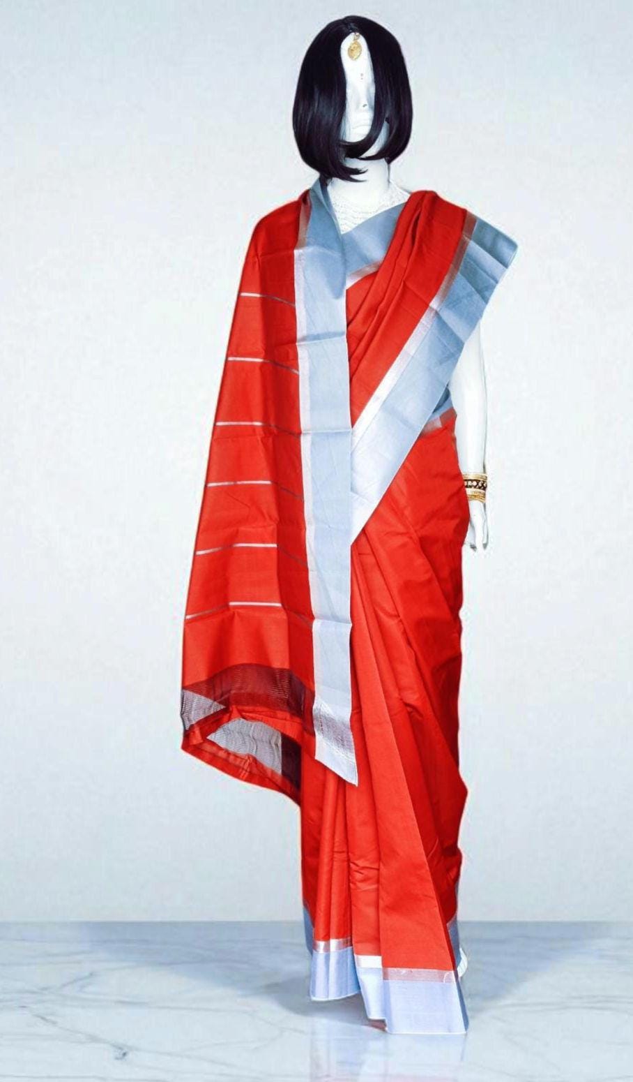 Red Silk Silver Zari Border Saree Unstitched Silver Silk Blouse Bollywood Daily Wear Party Wear Bengali Bohemian Vintage Sleek Relaxed Glam