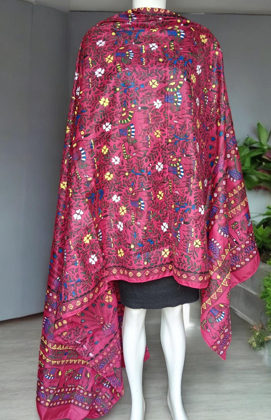 Dark Pink/Magenta Silk Hand-painted Madhubani Art Dupatta Featuring Peacock Elephant Fishes With Nature Forest Floral Designs Gift for her