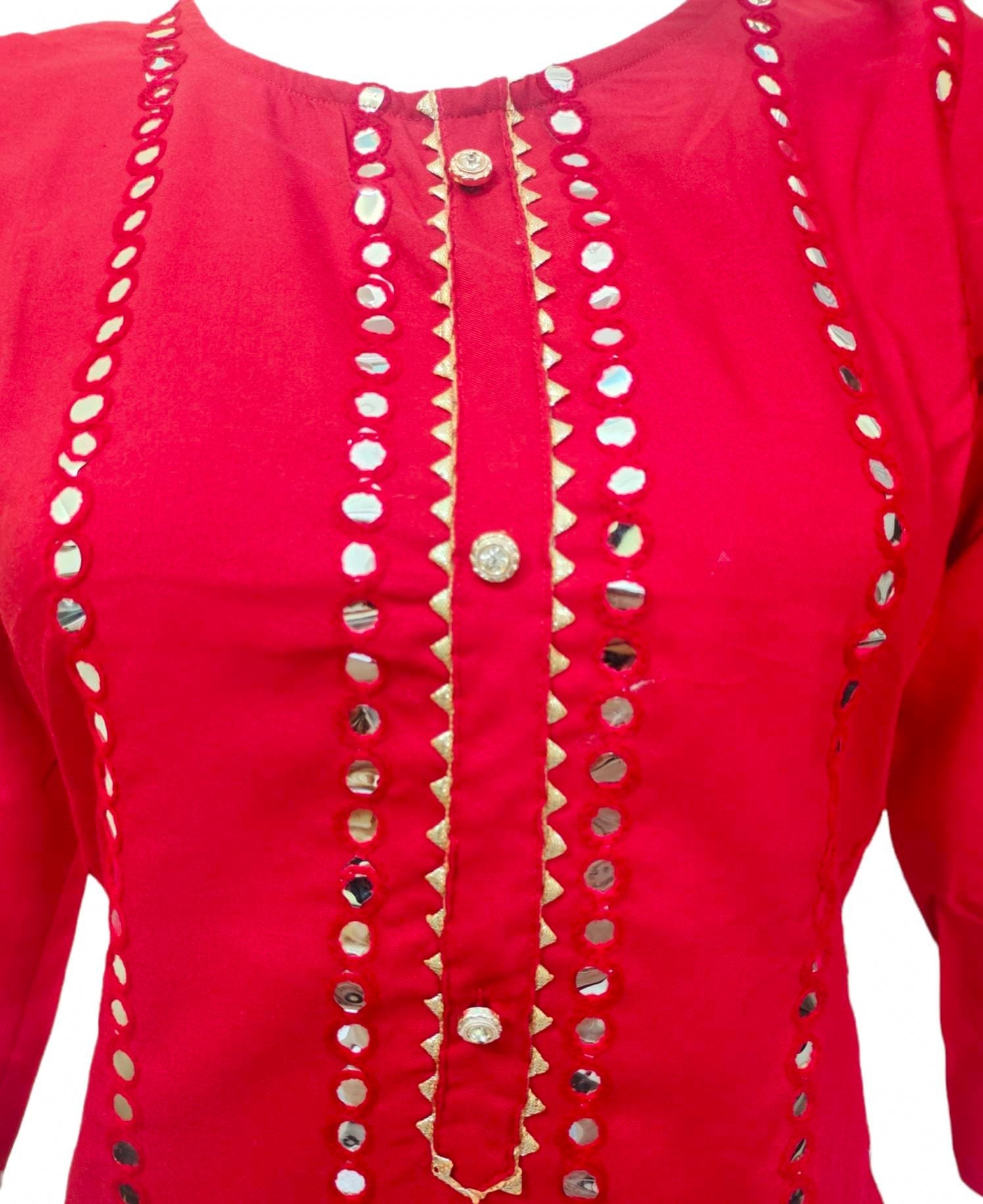 Red Cotton Rayon Mirror work Salwar Kameez Sharara Suit lace work Chiffon Dupatta Bollywood Festival Durga Puja Ethnic Pakistani  Bohemian