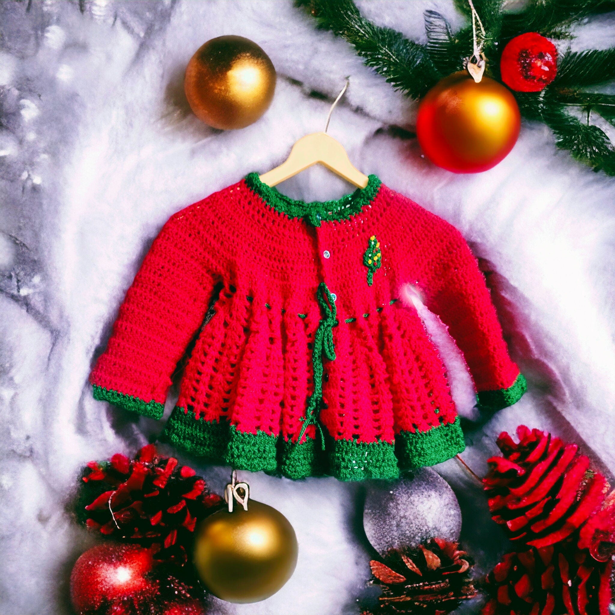 Handmade Woollen Red Green Crochet Dress For kids With Woollen Matching Beanie/Cap And Woollen Shoes Christmas Dress Christmas Party Winter