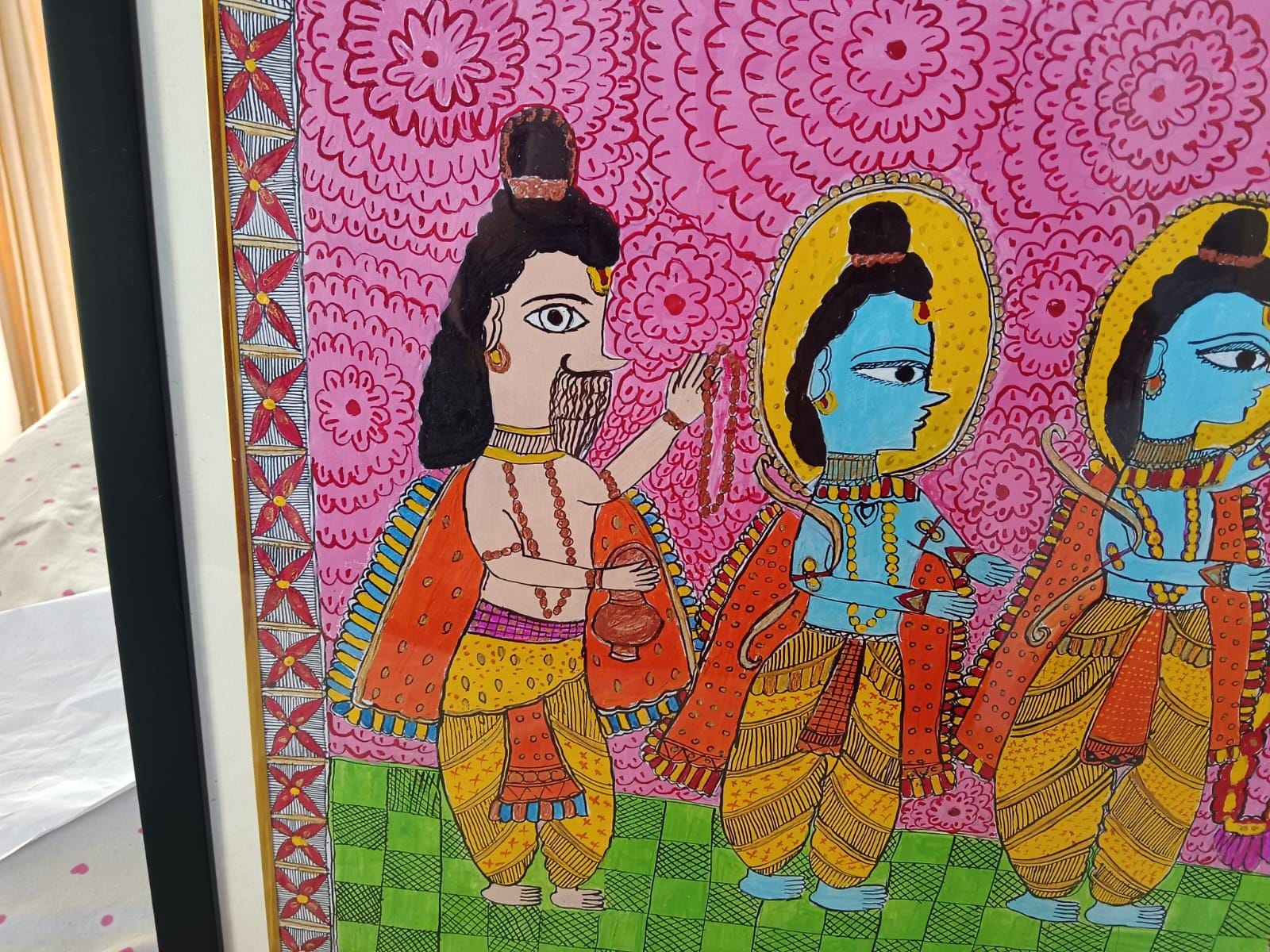 Handmade Madhubani Painting of Lord Ram and Sita Swayamvar Traditional Indian Folk Art Vibrant Cultural Wall Décor Framed Orginal Artwork