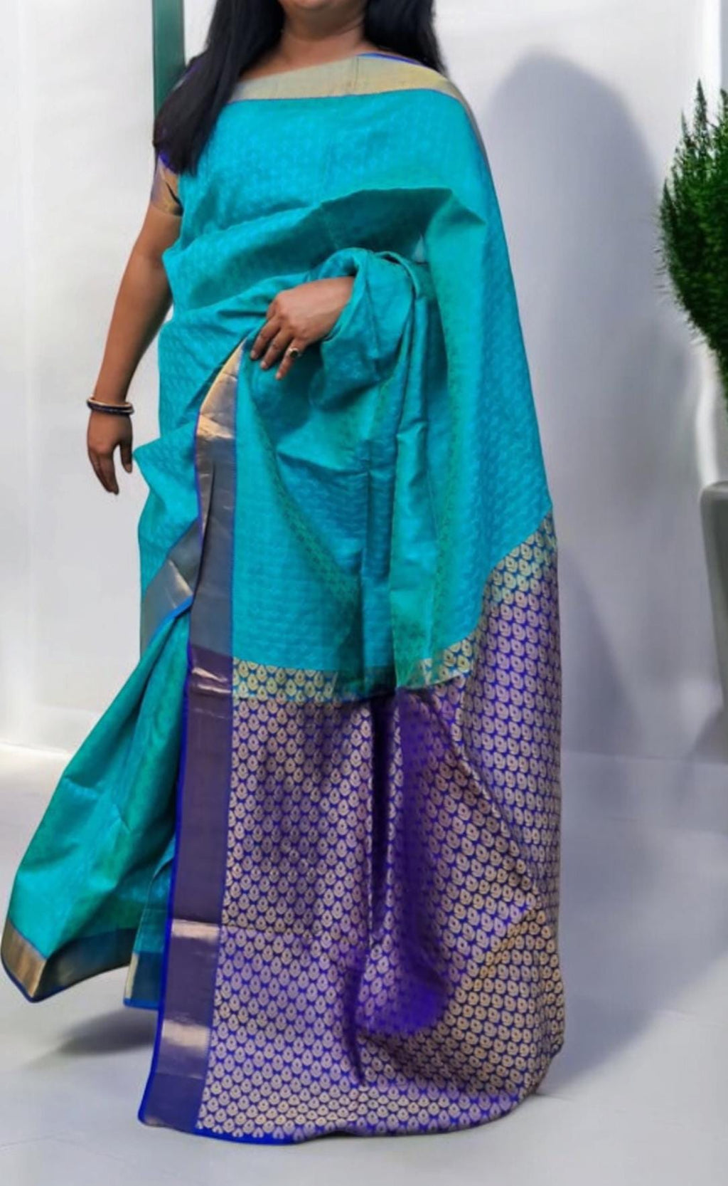 100% Pure Silk Blue Green Banarasi Saree Golden Brocade Pattern With Unstitched Blue Pure Silk Blouse Bollywood Saree Wedding Saree Pujawear