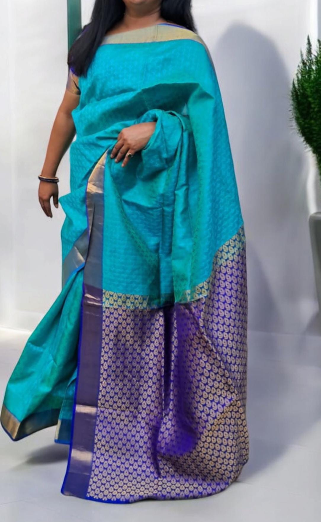 100% Pure Silk Blue Green Banarasi Saree Golden Brocade Pattern With Unstitched Blue Pure Silk Blouse Bollywood Saree Wedding Saree Pujawear