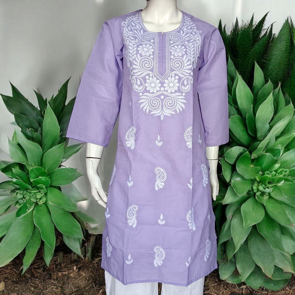 Set of 2 piece Cotton Lavender White Chikankari Embroidered Kurta with White Cotton Embroidered With Lace Work Tapered Leg Salwar Elastic