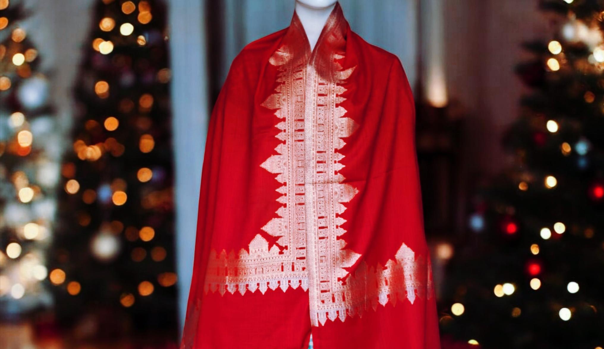 Red Pashmina Cashmere Shawl Features Golden Zari Work Bordered Monument Design Perfect For Christmas Gift For Them Winter Outfit Luxurious