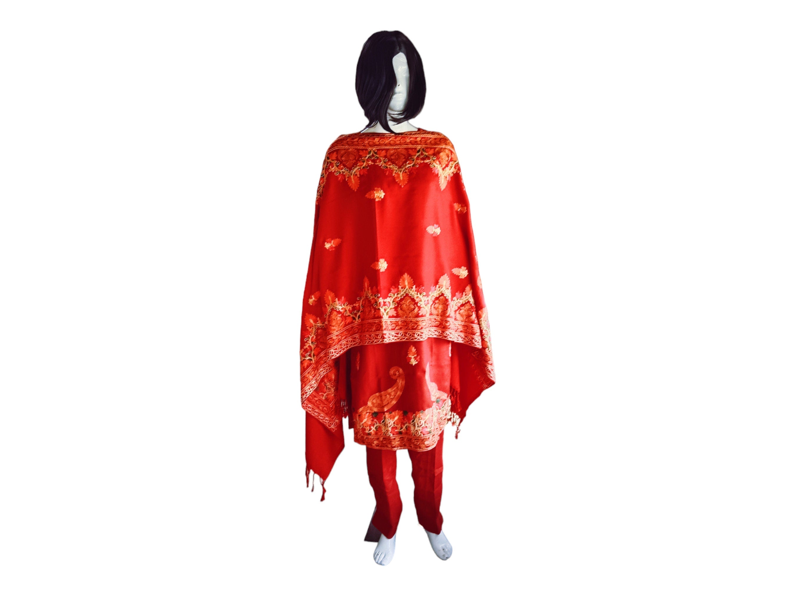 Set of 3 Pieces Red Woollen Stiched Suit Pant Scraf Cashmere Woollen Outfit Lightweight multicolored kasmiri Embroidered Luxurious vintage