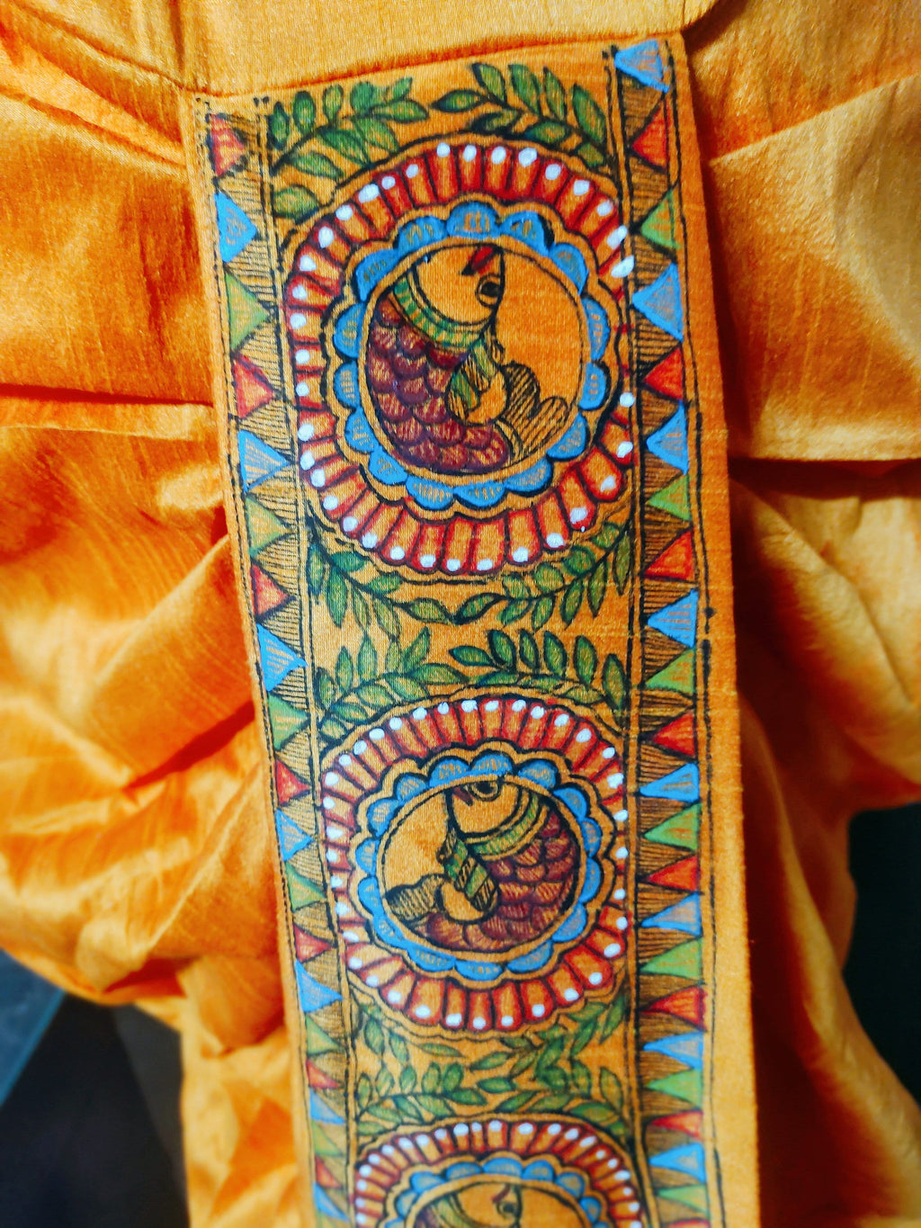 Orange Silk Handmade Madhubani Painted Traditional Dhoti Kurta For Men Bohemian Look Stitched Elastic Dhoti Stitched Kurta Wedding Wear