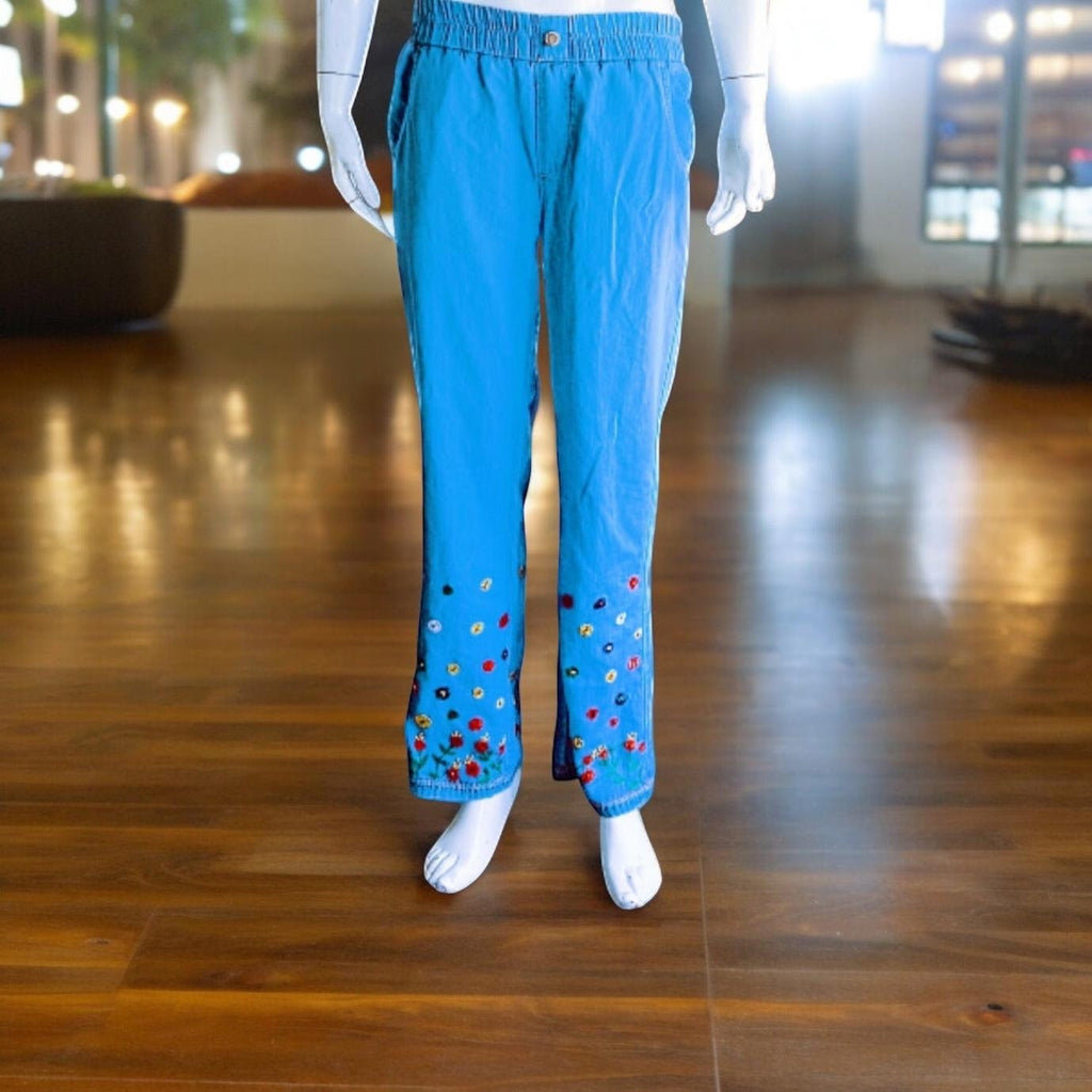 100 % Cotton Floral Handmade Modest Light Blue Jeans Jogger Comfy Bottom Embroidered Floral Pant Flower Design Colourful Elastic Stretchable