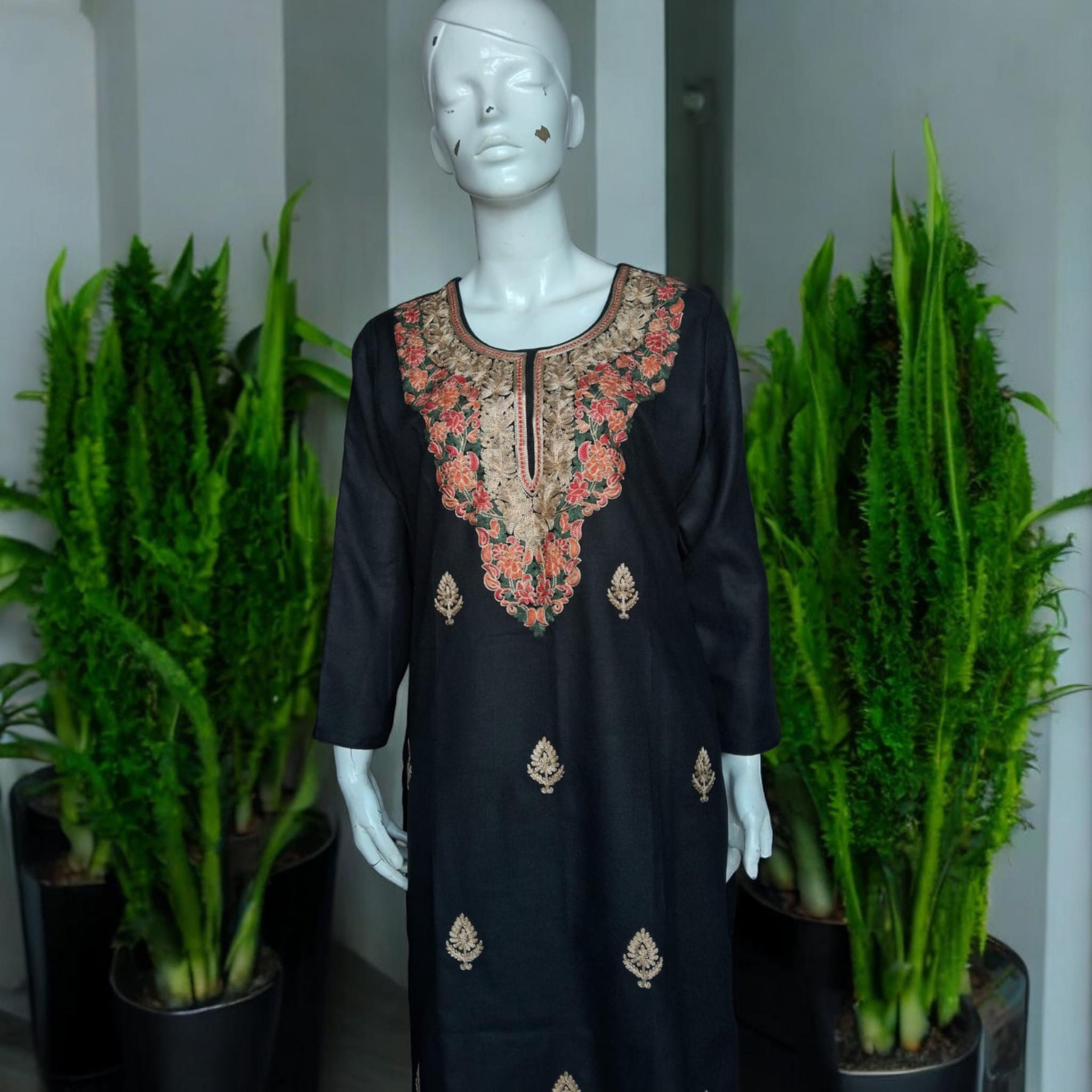 A Set of 2 Pieces Black Cashmere Floral Embroidered Salwar Black cashmere Semi Patiala Handcrafted Winter Outfit Stitched Suit Pakistani