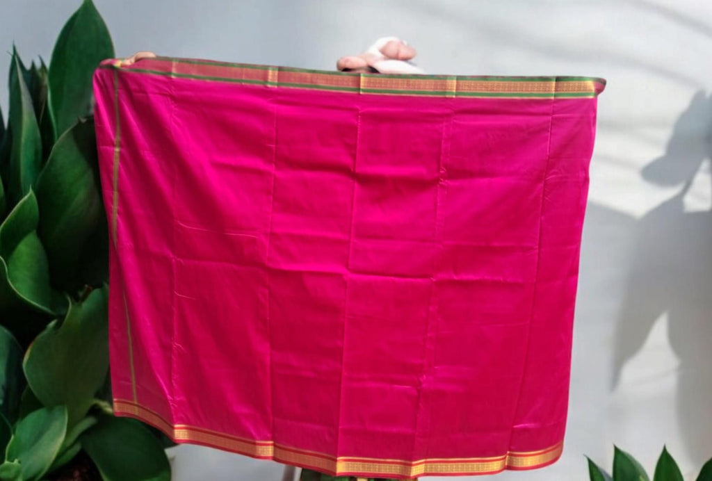 Pink Silk Red Green Golden Zari Border Dhoti Towel Set For Men 3.5 metres length of dhoti 2 meters length of towel South Indian Tamil