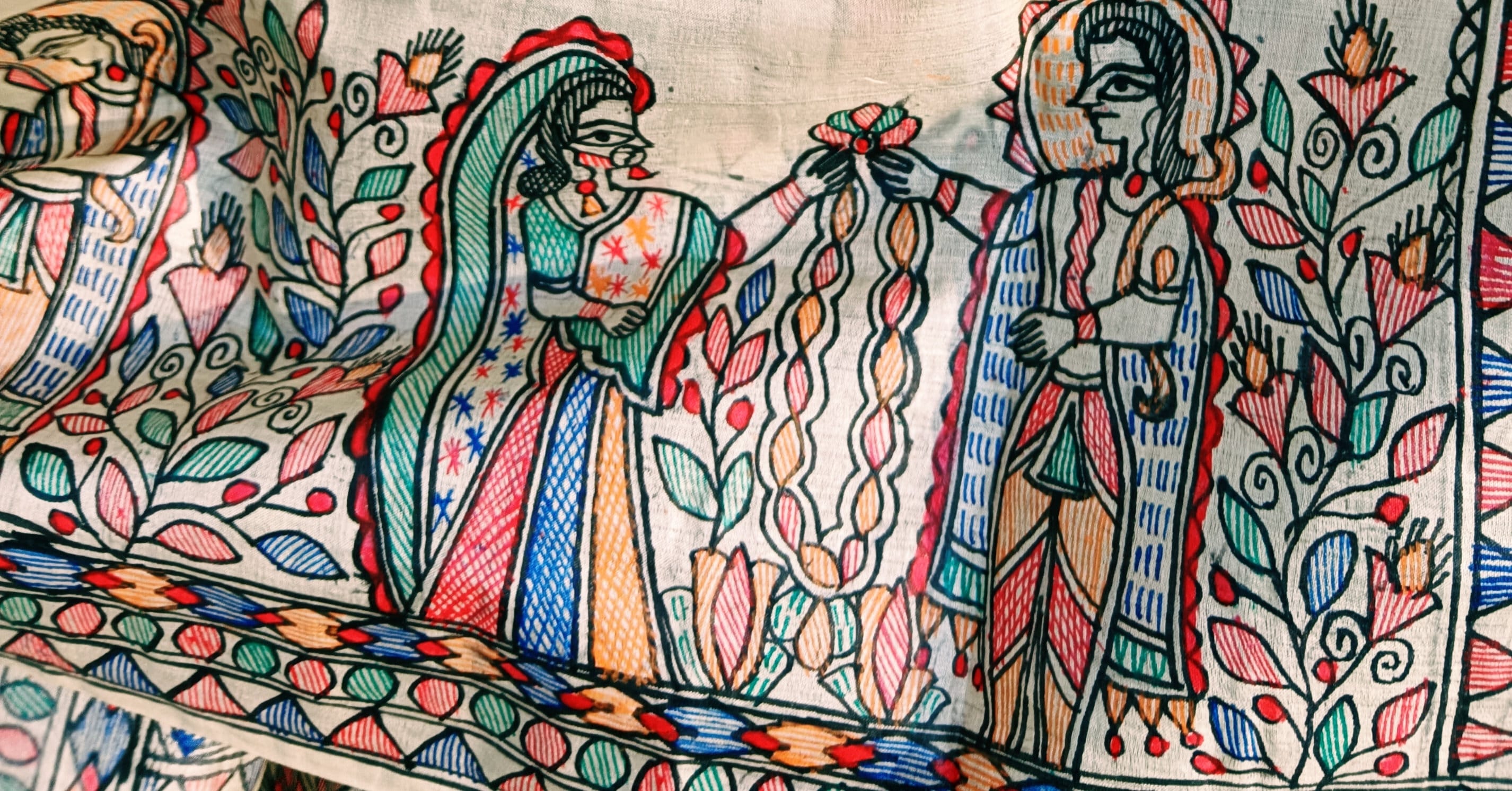 Pure Silk Hand-painted Multicolored Madhubani Painting Saree Featuring Iconic Shree Ram Sita Swayamvar Marriage Peacock Design Wedding Party