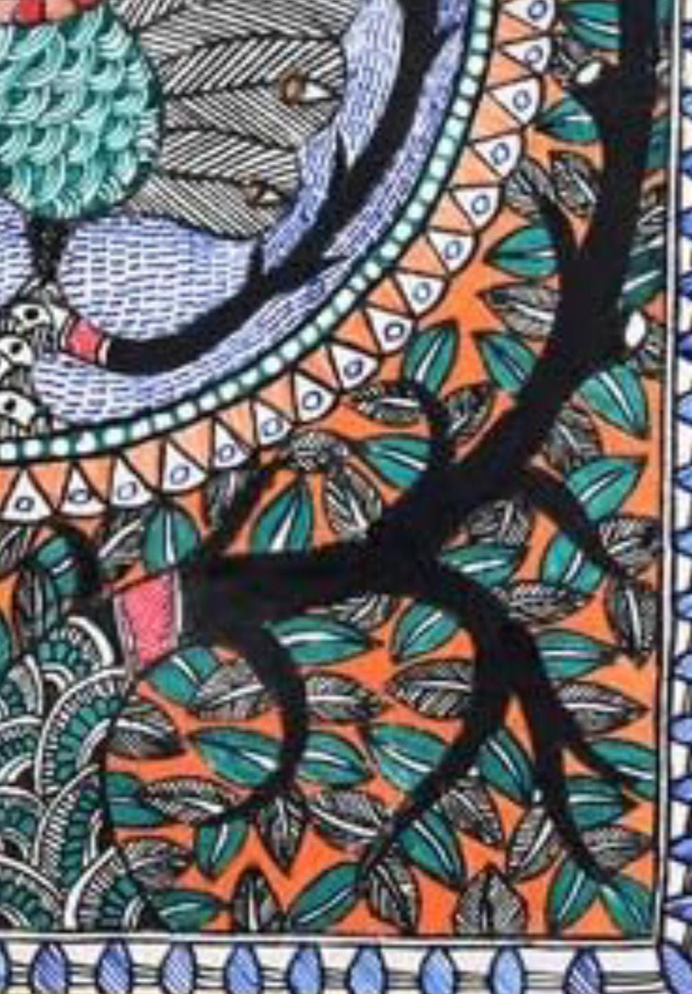 Mithila Madhubani Handpainted Wall Painting Wall Decor Featuring Peacock Floral Design With Black Wooden Frame Canvas Paintaing Rare To Find