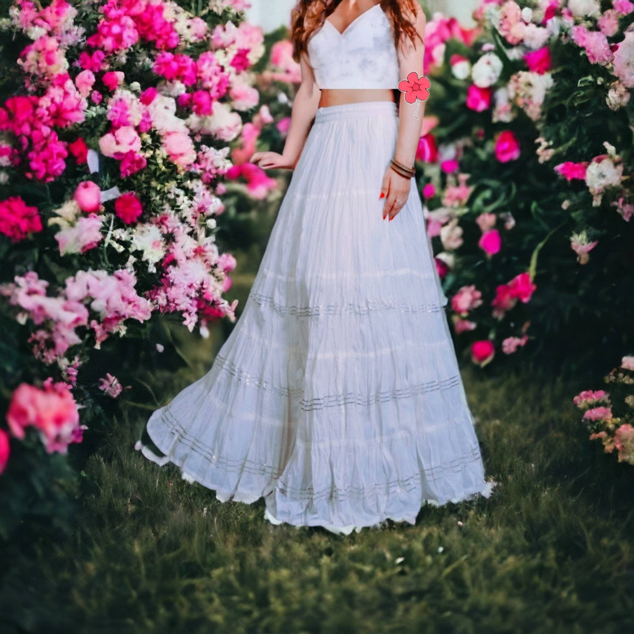 White Pure Cotton Full Length Skirt  White and Sliver Gottapatti Work Cottan Midi White Denim Shirt women Ethnic Flared Skirt Printed A Line