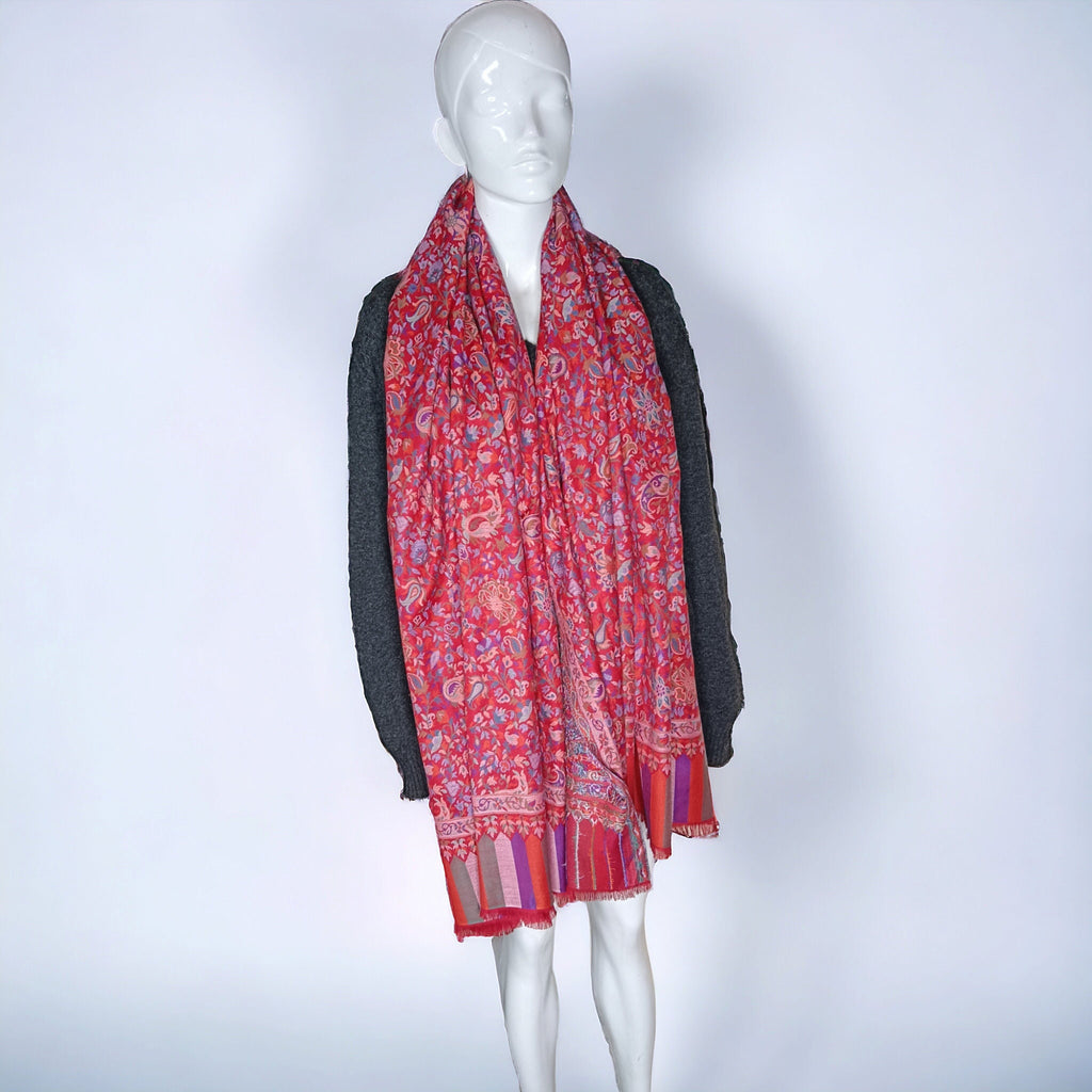 Red Pink 100% Cashmere Pashmina kani Weave Vintage Shawl/Scarf Neck Warmer Shoulder Warmer Travel Blanket Winter Luxurious Hand woven Shawl