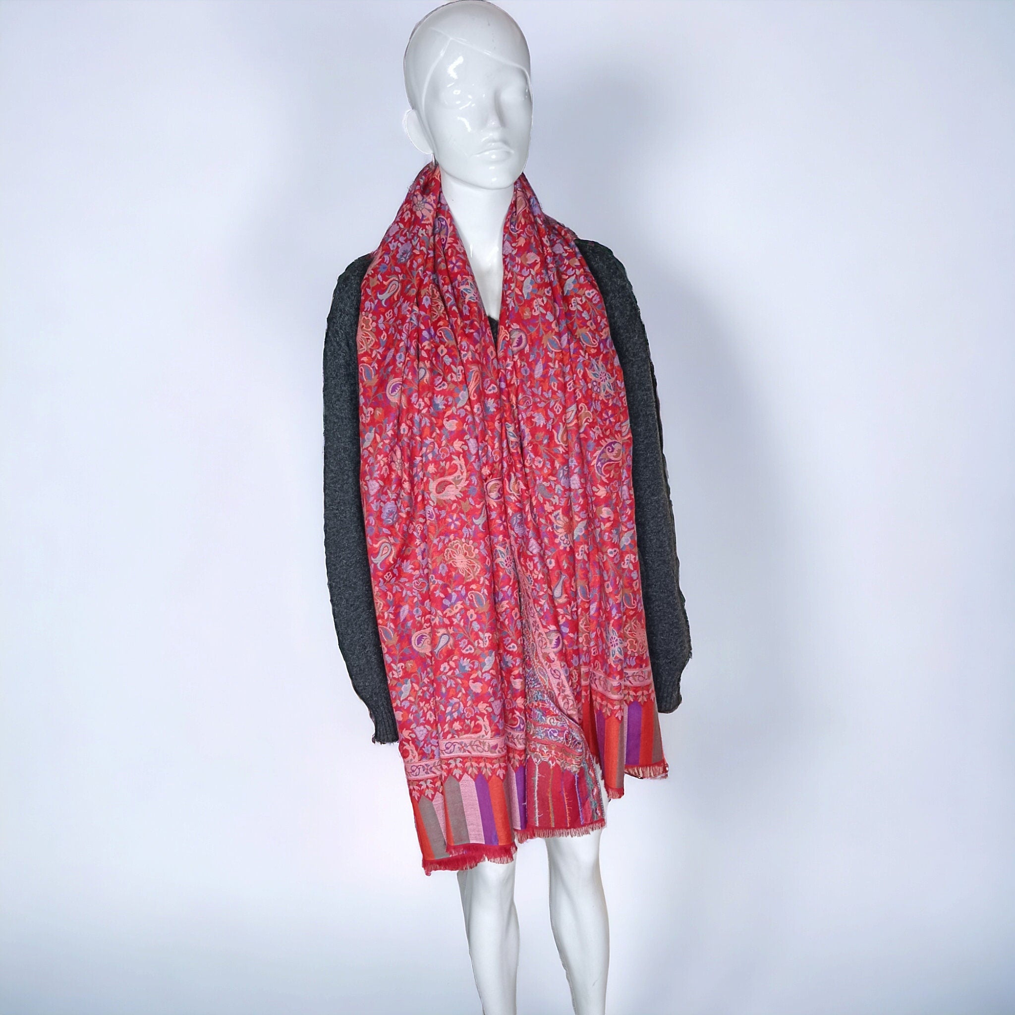 Red Pink 100% Cashmere Pashmina kani Weave Vintage Shawl/Scarf Neck Warmer Shoulder Warmer Travel Blanket Winter Luxurious Hand woven Shawl