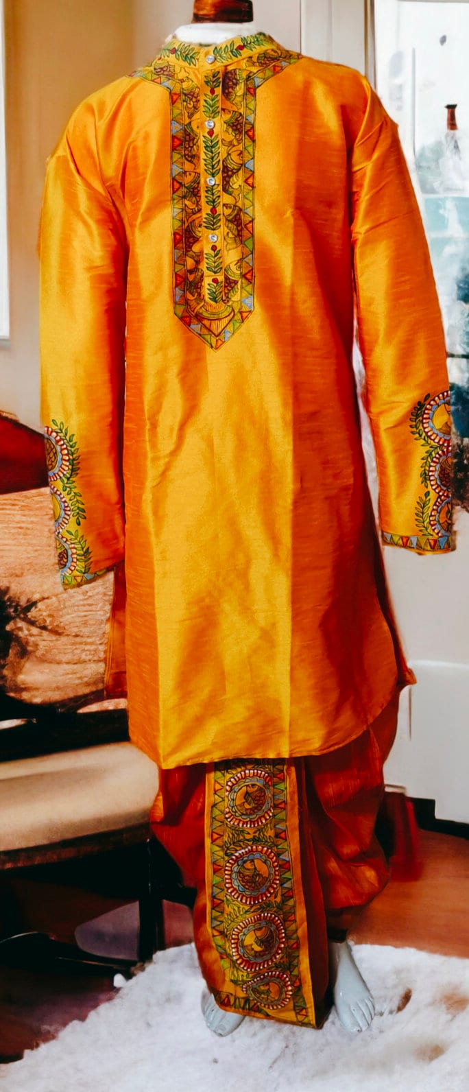 Orange Silk Handmade Madhubani Painted Traditional Dhoti Kurta For Men Bohemian Look Stitched Elastic Dhoti Stitched Kurta Wedding Wear