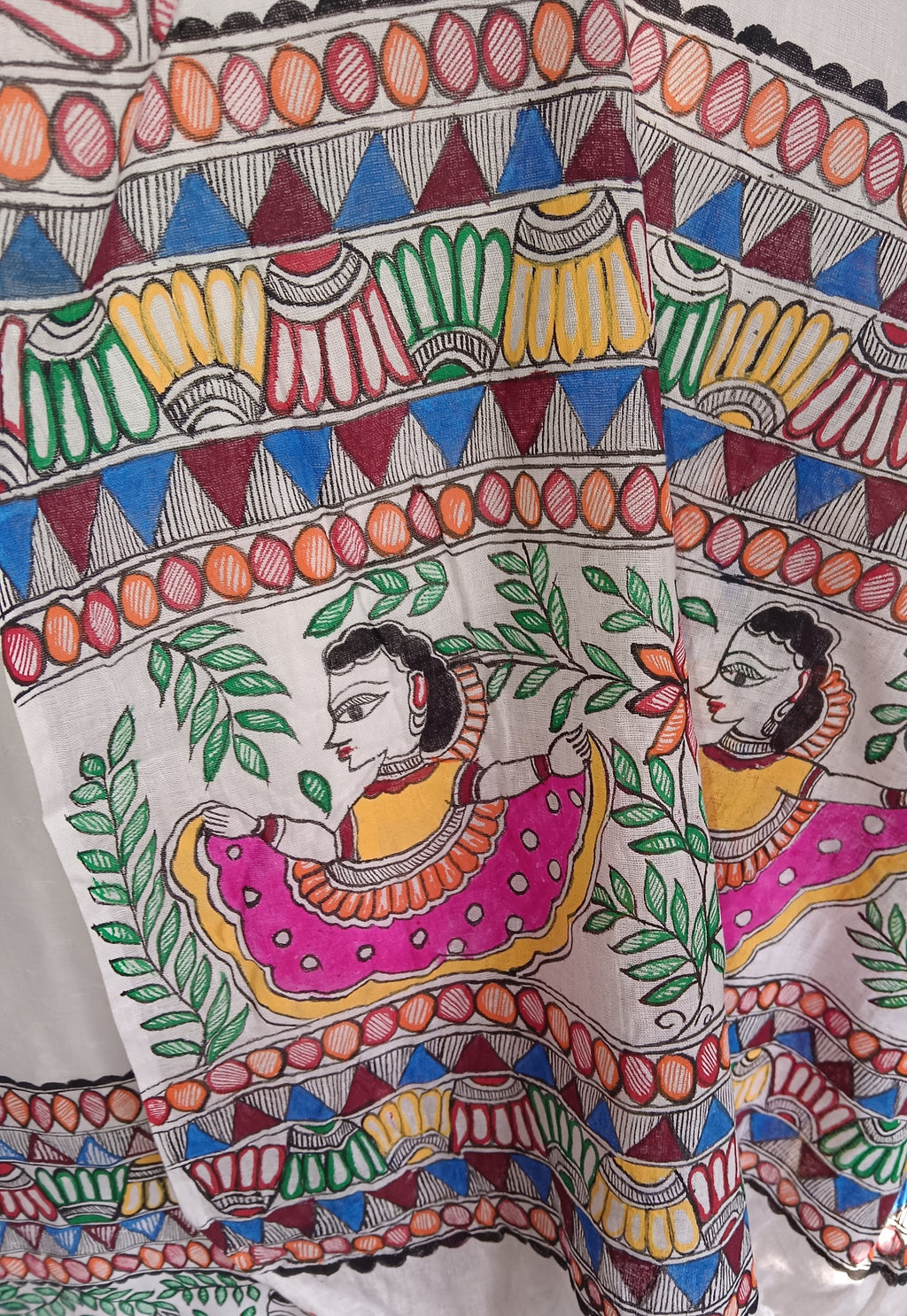 Set of 3 White Pure Cotton Multicolored Hand Painted Madhubani Paint kurta Pant Dupatta Featuring Floral Doll Design Pattern Wedding Indian