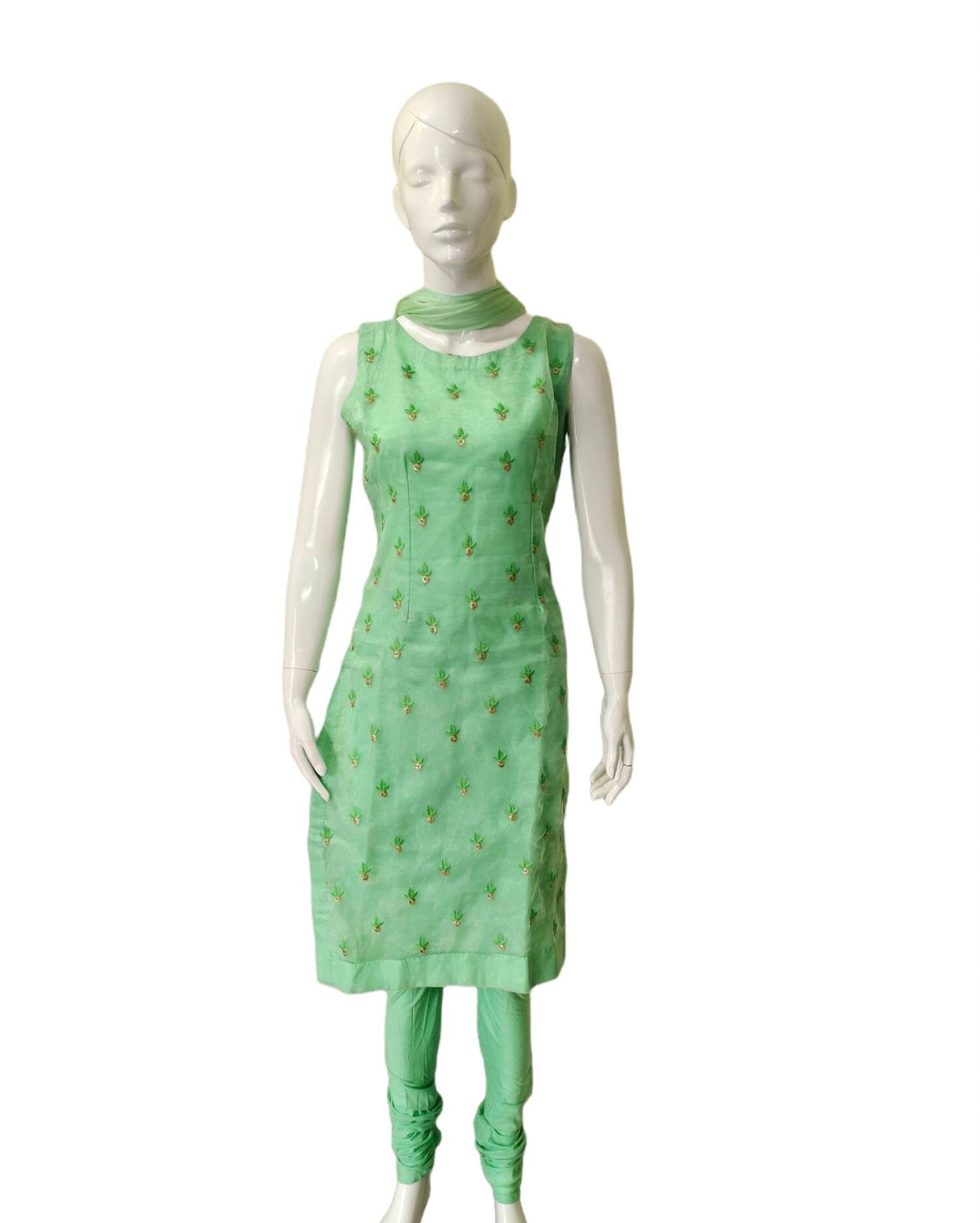 Light green salwar kameez suit organza thread work embroidered cotton Pajami churidar PURE chiffon dupatta festive ethnic puja Bollywood