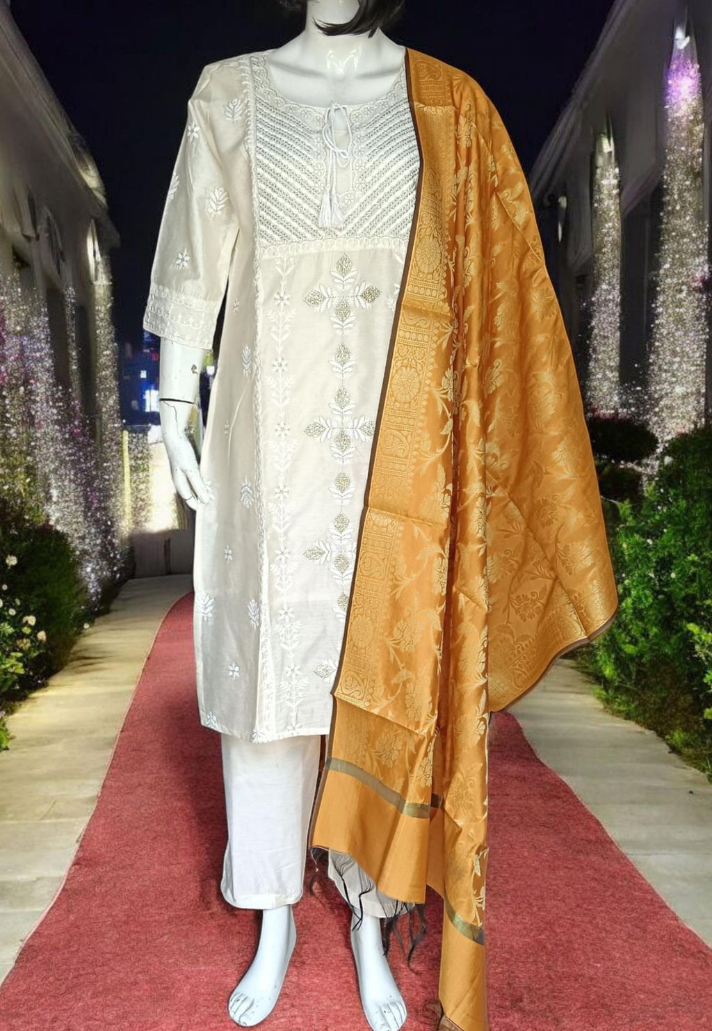 Set of 3 Chanderi Silk Off White Kurta Pant Golden Yellow Banarasi Silk Dupatta beads Work Handmade Kurta Silk Pant With Elasticity Zardozi