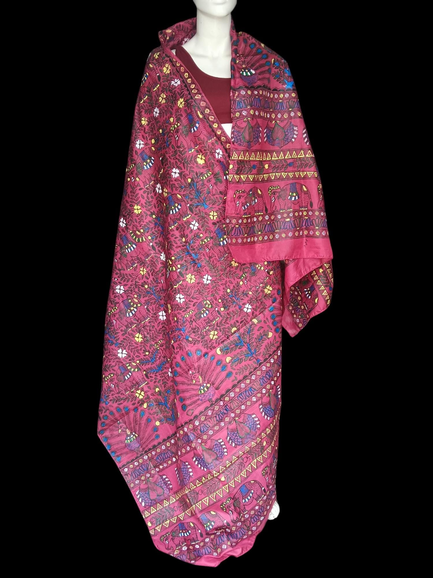 Dark Pink/Magenta Silk Hand-painted Madhubani Art Dupatta Featuring Peacock Elephant Fishes With Nature Forest Floral Designs Gift for her
