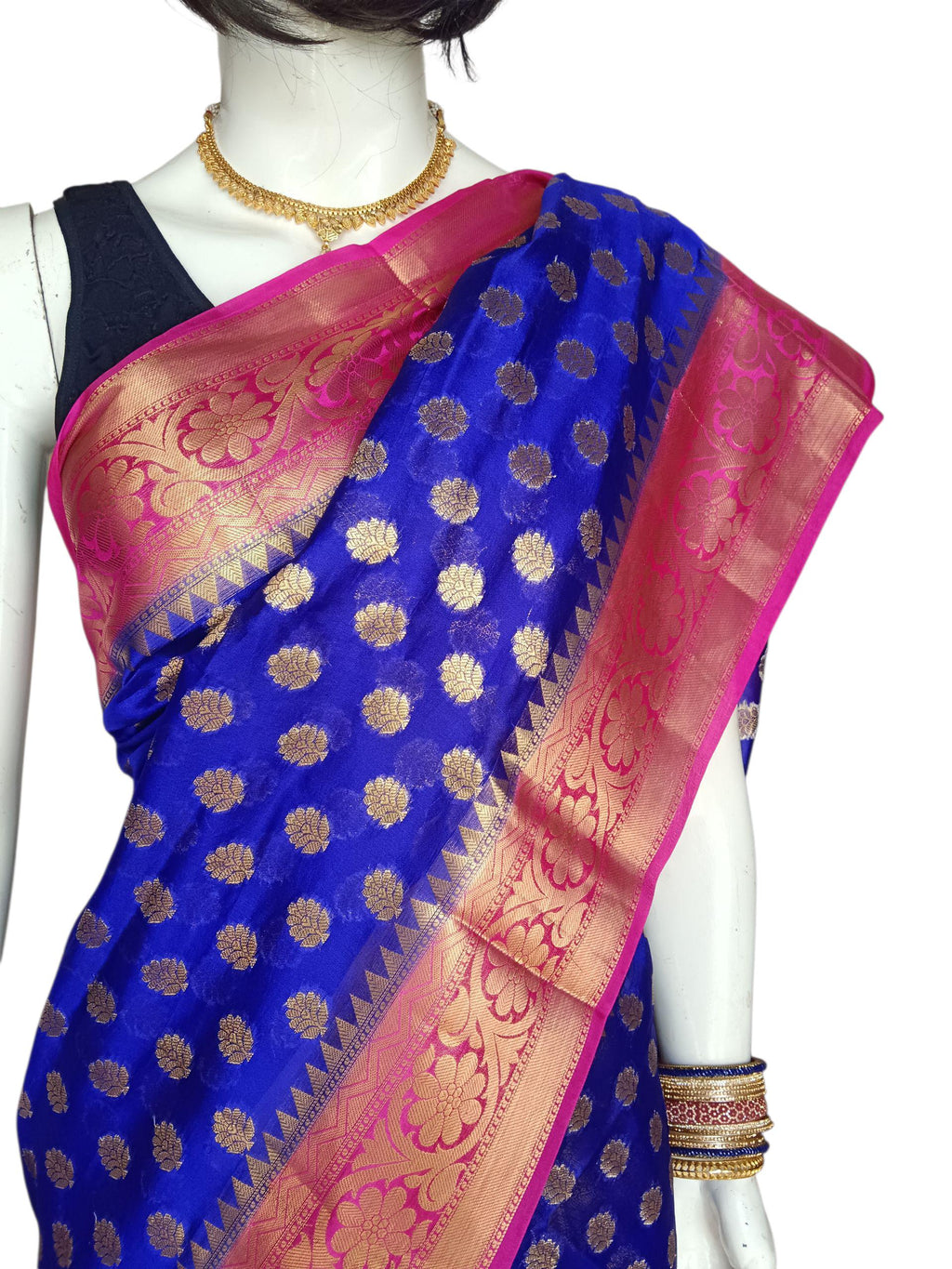 Royal Blue And Pink Banarasi Silk Saree with Unstitched Silk Blouse Handwoven Zari Wedding Saree Indian Traditional Outfit Elegant Gift
