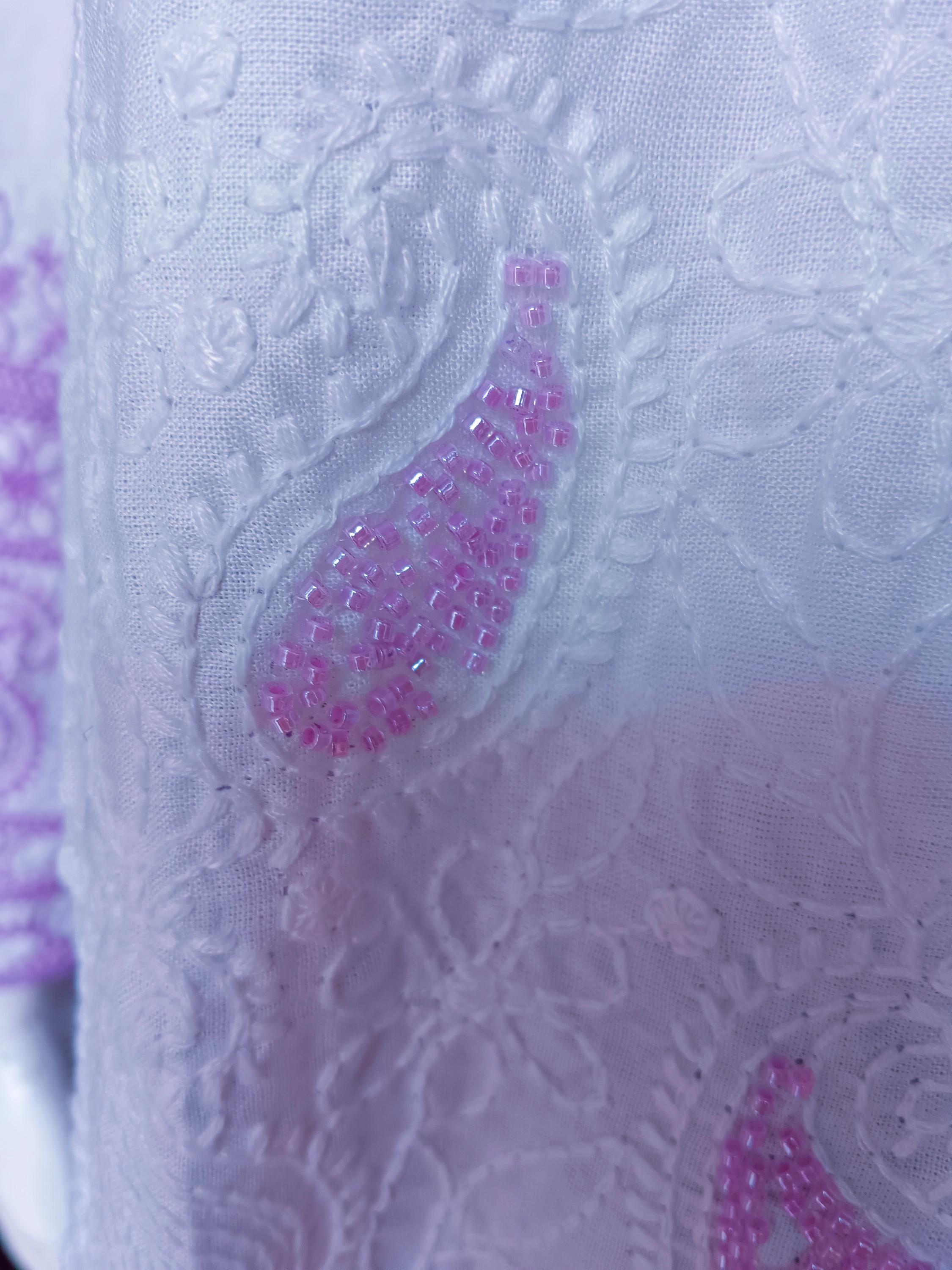 Set of 3 White Lavender Cotton Silk Chikankari With Beads Work Handmade Kurta Satin Pajama With Elasticity And Net Sheer Lavender Duppata