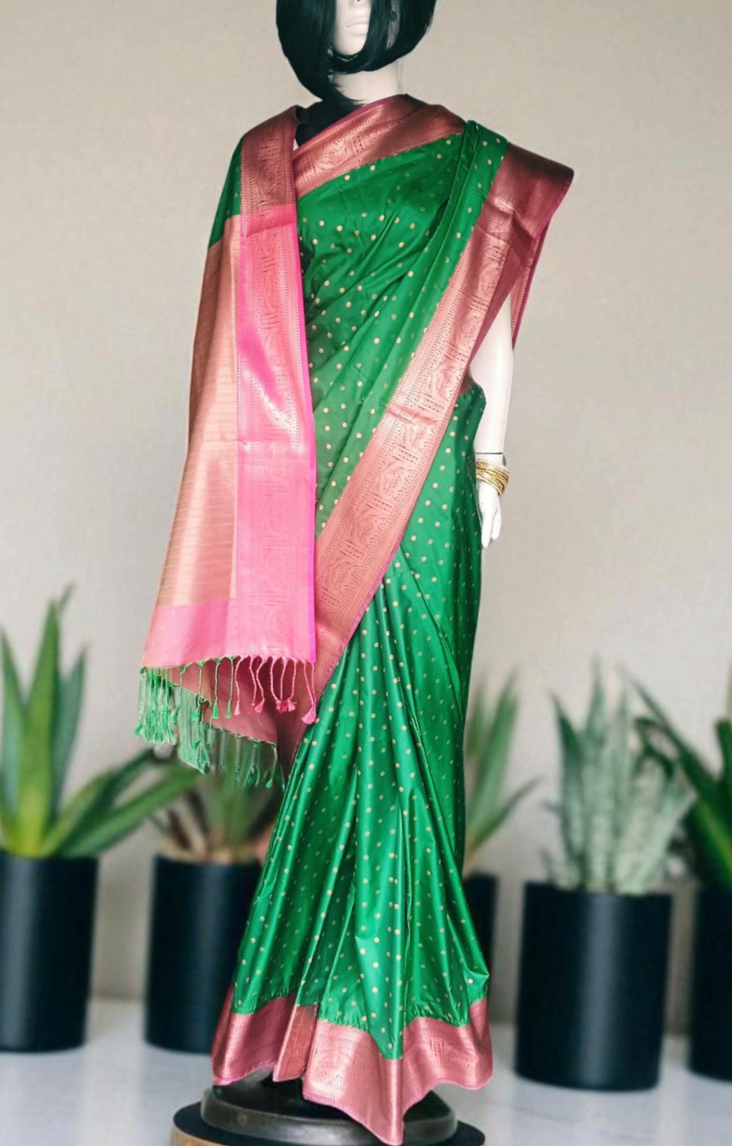 Pure Green Pink Mysore Silk Saree Zari border Unstitched Plain Pink Silk Blouse Piece Perfect for Wedding Festive Gift for her Indian