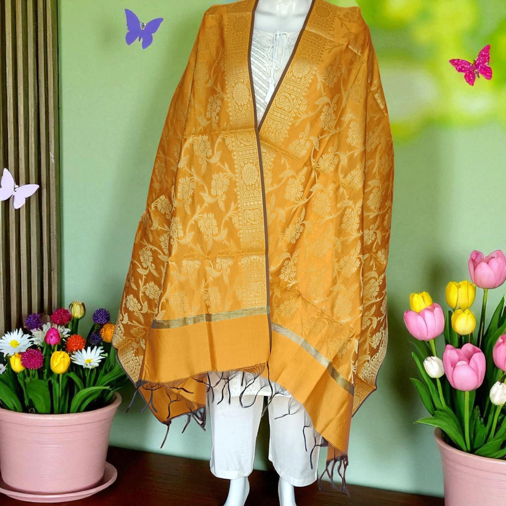 Mustard Gold Banarasi Silk Brocade Dupatta Handwoven Indian Elegance Zardozi Work Regal Charm Wedding Puja Navratri Special Gift for her