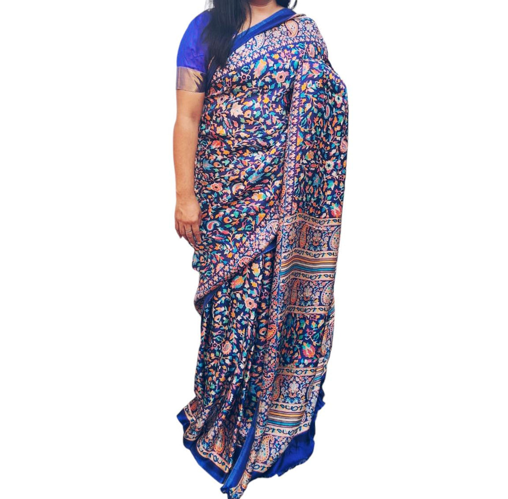 Blue Floral Design Printed Kashmiri Handloom Saree With Unstitched Blue Kashmiri Blouse Colourful Pattern Floral Pattern Gift for Her