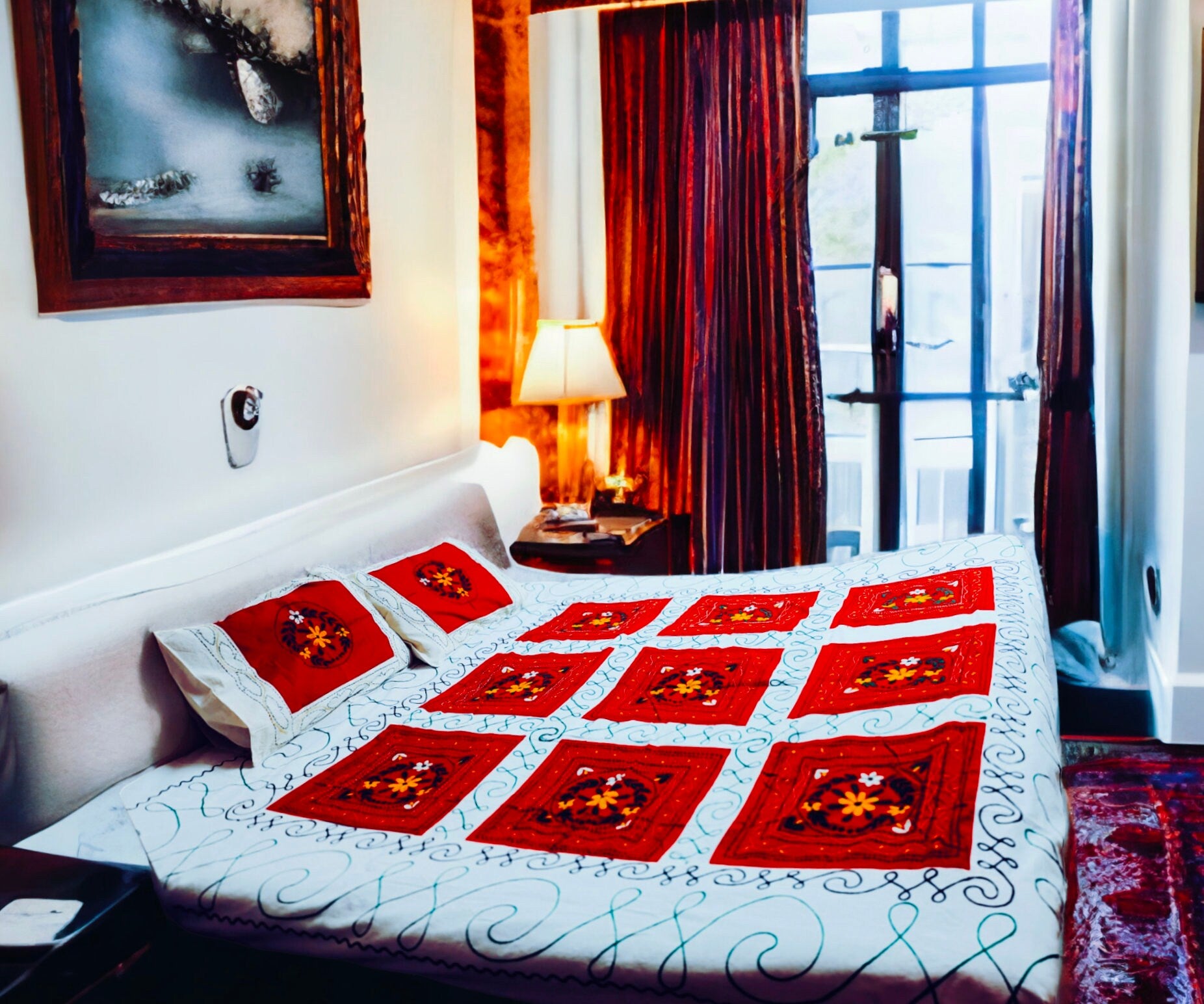 Cotton Red White Applique Embroidered Handmade Queen Size Bedsheet With Two Matching Pillow Covers Pack Of 1 Indian Style Bedsheet Bohemian