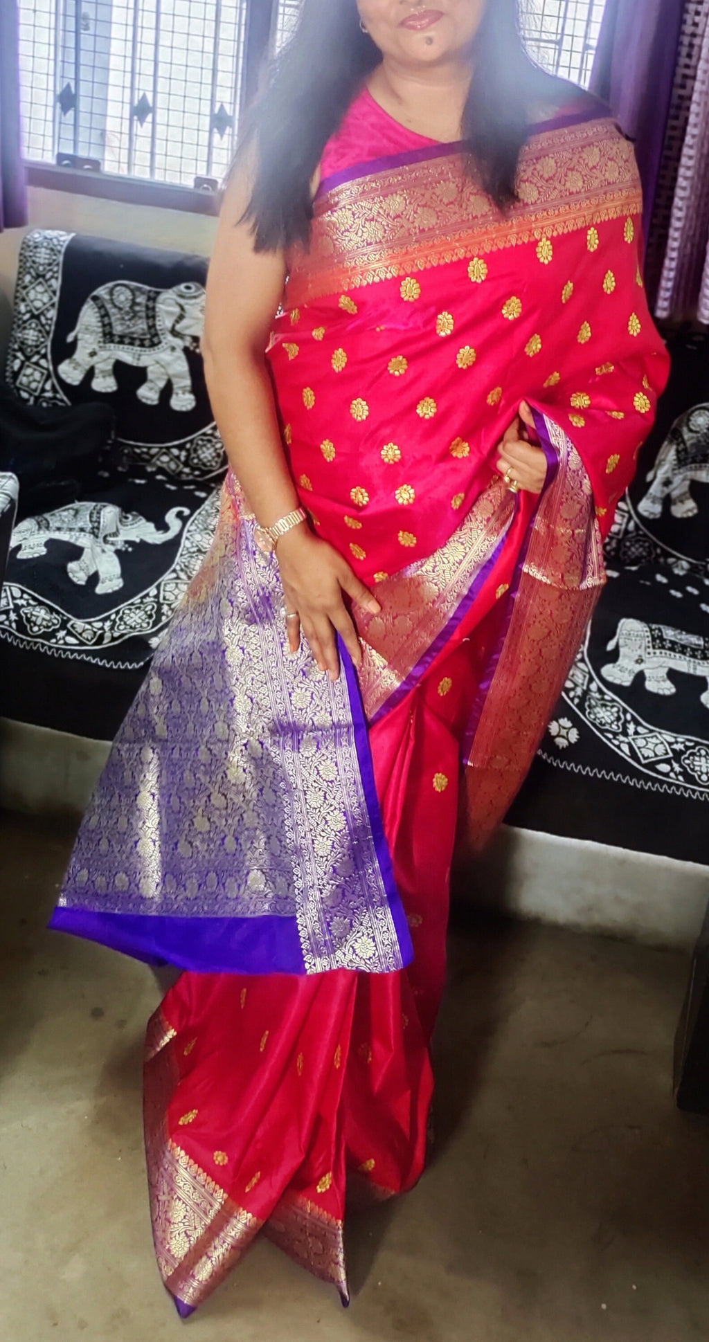 Dark Pink And Violet Satin Silk Banarasi Saree With Unstitched Violet Satin Silk Blouse Zari Work Bollywood Wedding Party Embroidered