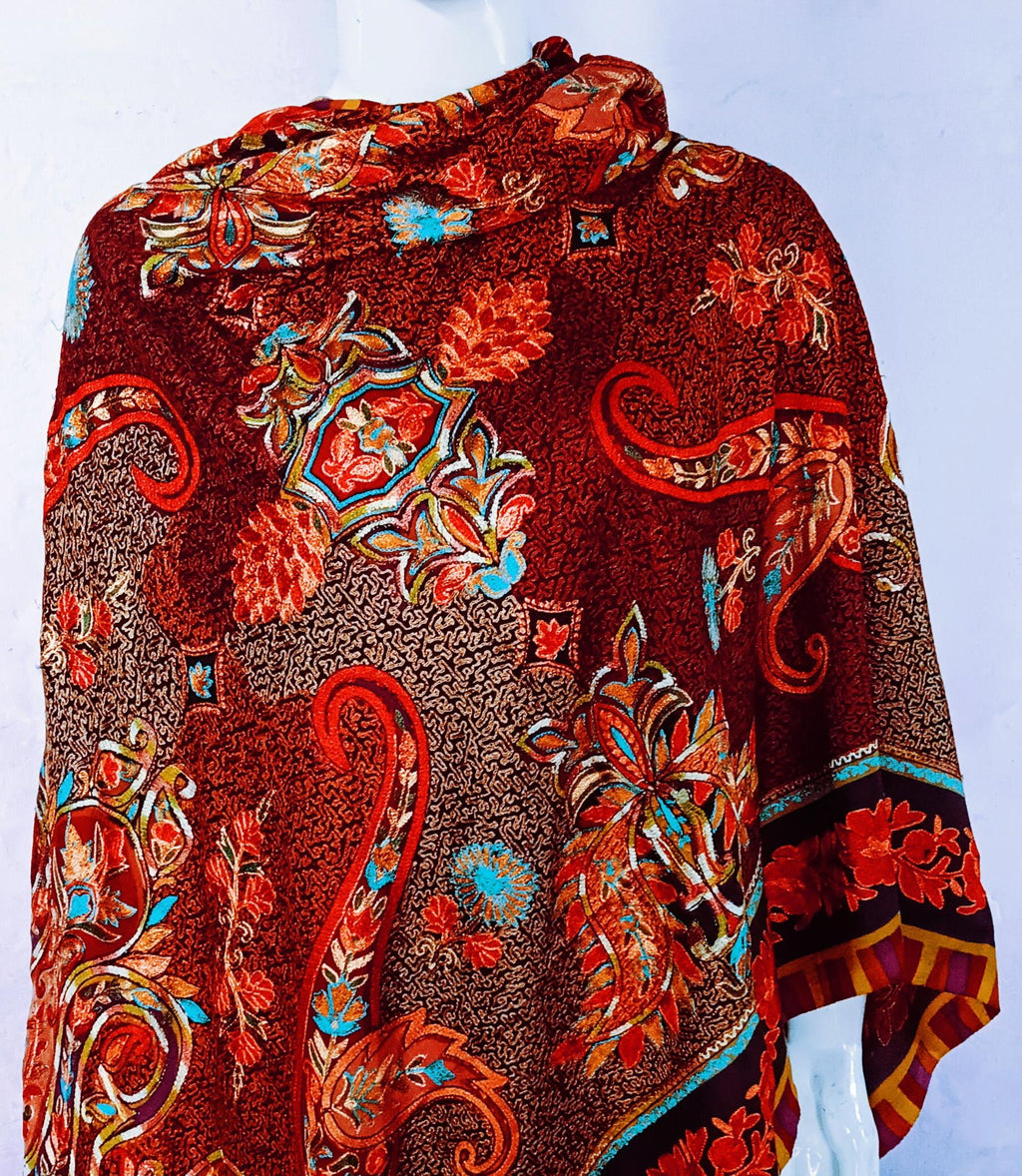 100% Pure Cashmere Pure Pashmina Heavily Embroidered Using Silk Thread Work Hand Woven Hand Work Tie Dye Pattern Black Shawl Red Shawl