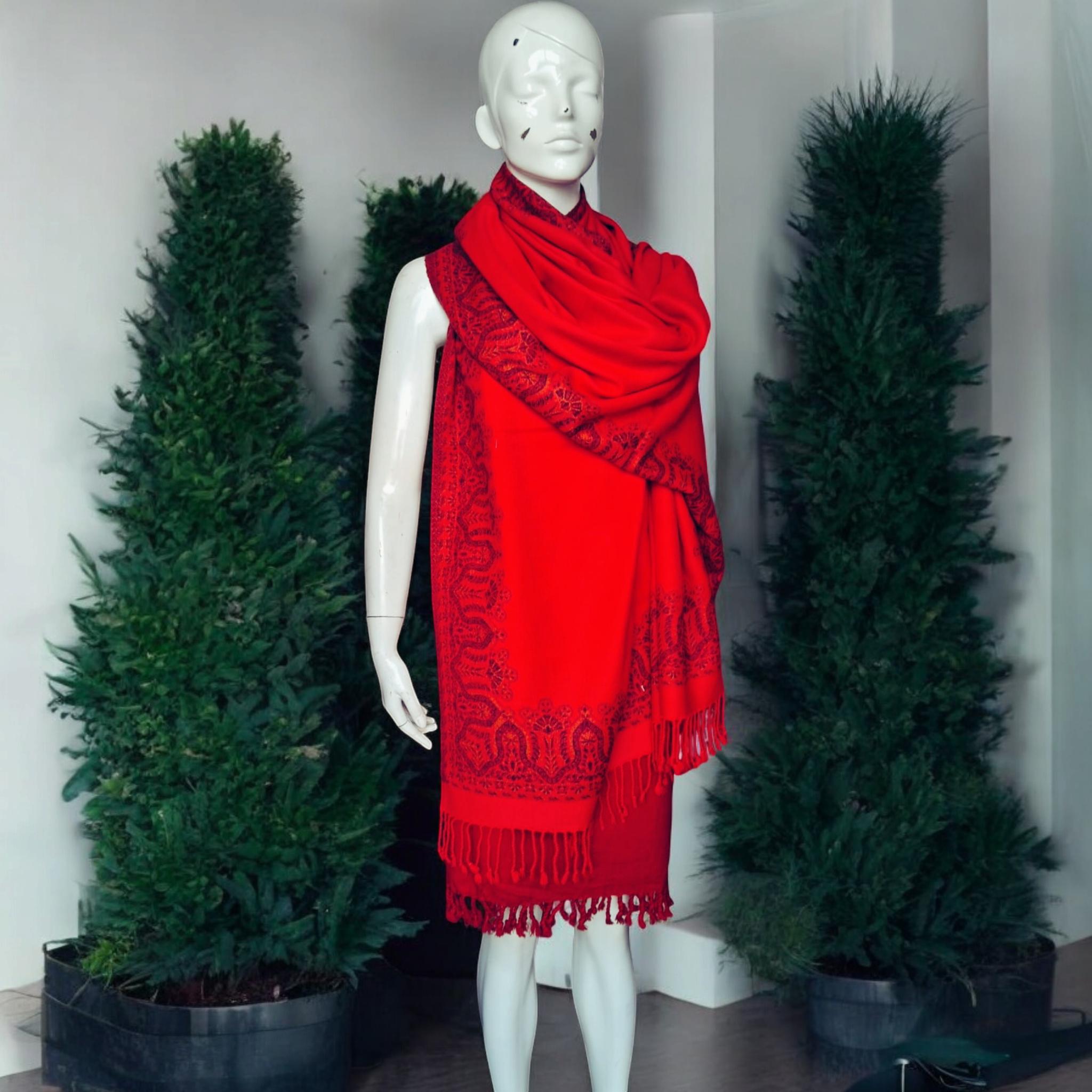 Red Cashmere Shawl/Scarf/Wrap/Neckwarmer Features Blue Yellow Bordered Floral Design Perfect For Christmas Gift For Them Winter Outfit