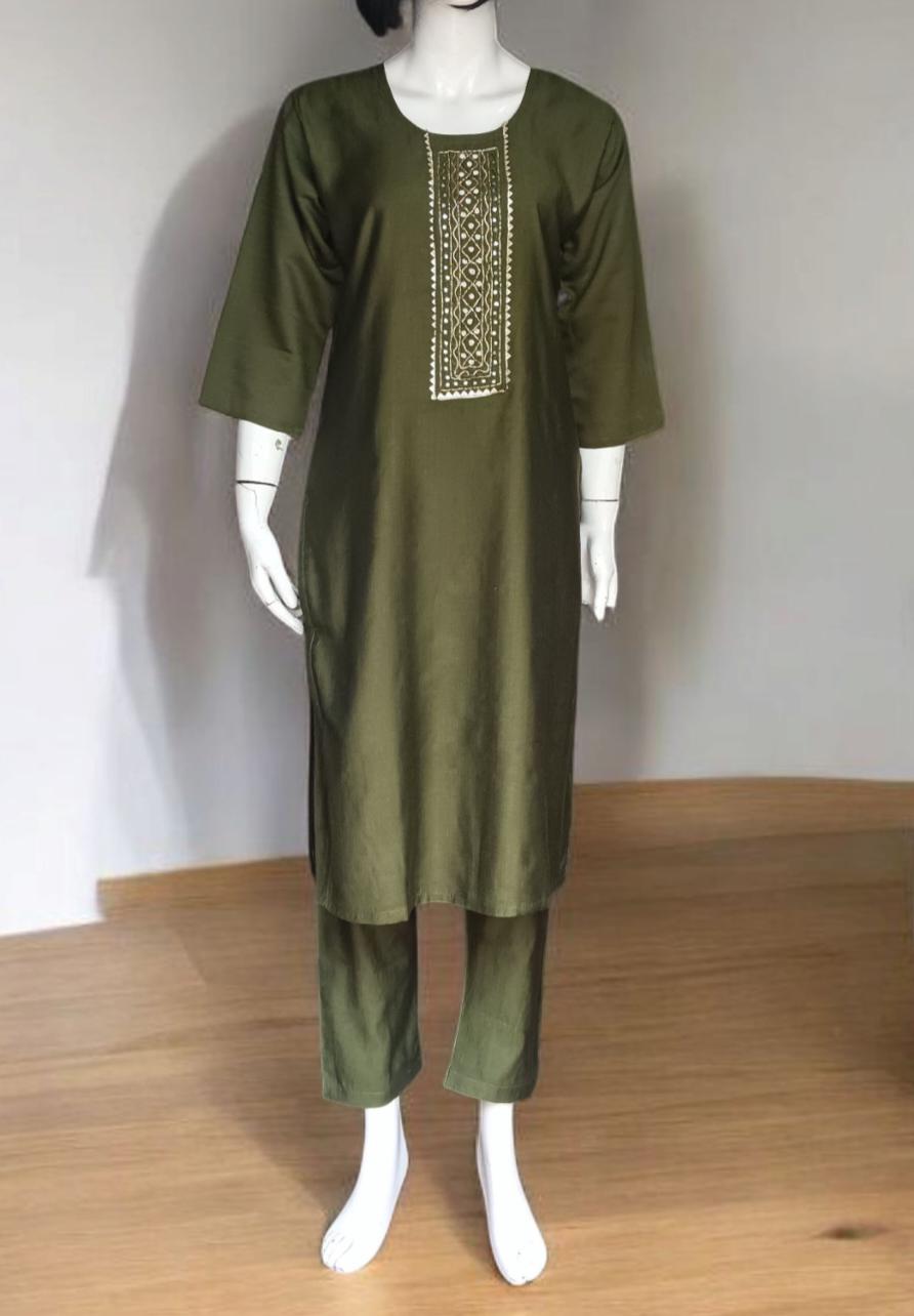Set of 3  Olive Green Chanderi Silk Embroidered Kurta Pant With Fully Embroidered Duppata Sequins Work Indian Ethnic Wedding Wear Festive
