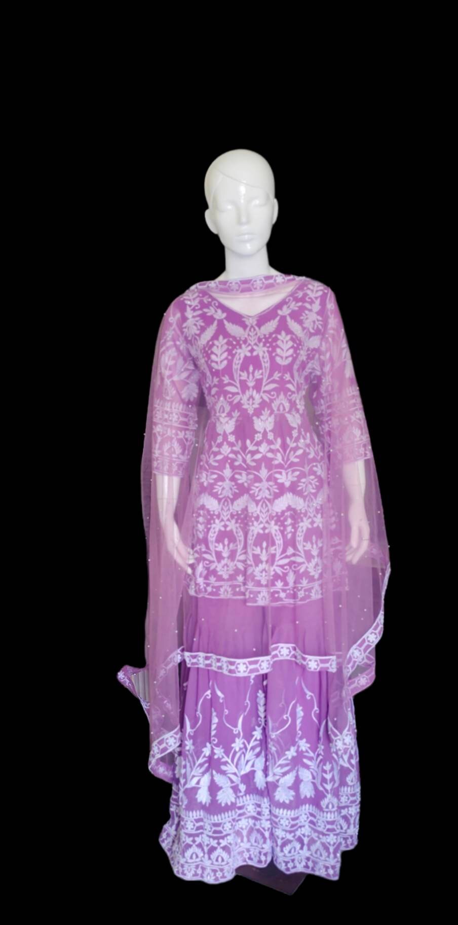 Lavender/Purple/Violet Pure Georgette Net Sharara Set White Silk Thread And Sequence Work Pearl Work With Net Lavender Dupatta Floral Design