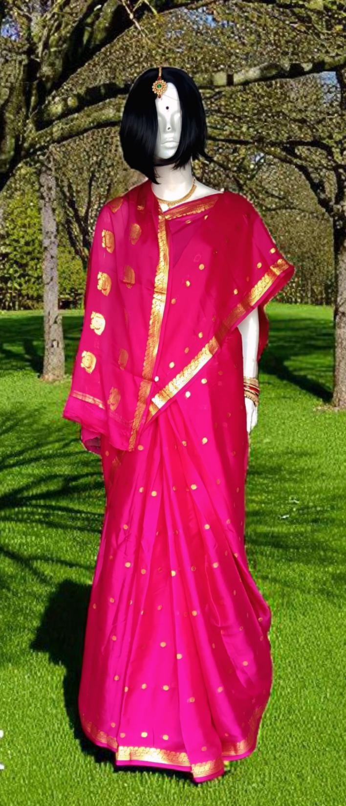 Majenta Pink Golden 100% Pure Crepe Silk With Majenta Crepe Silk Unstitched Blouse  Golden Embroidered Border Lightweight Bollywood Soft