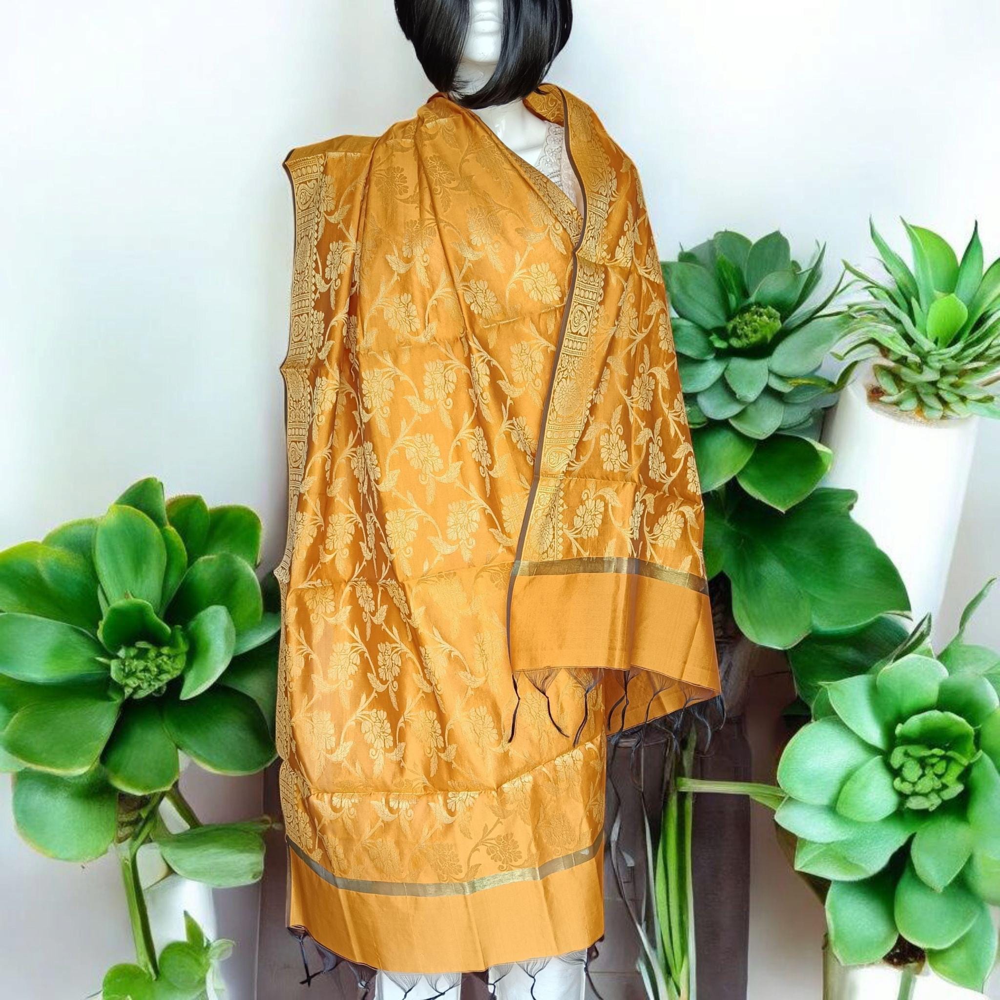 Mustard Gold Banarasi Silk Brocade Dupatta Handwoven Indian Elegance Zardozi Work Regal Charm Wedding Puja Navratri Special Gift for her