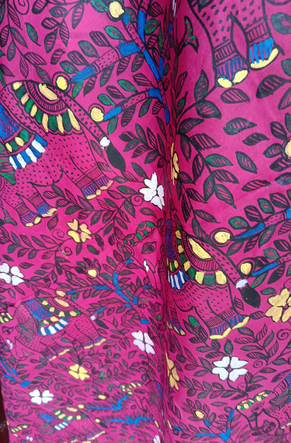 Dark Pink/Magenta Silk Hand-painted Madhubani Art Dupatta Featuring Peacock Elephant Fishes With Nature Forest Floral Designs Gift for her
