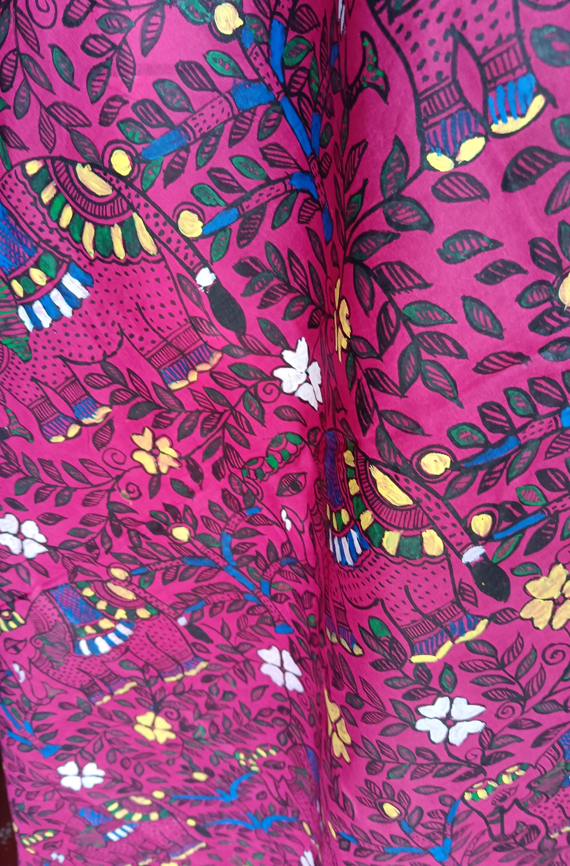 Dark Pink/Magenta Silk Hand-painted Madhubani Art Dupatta Featuring Peacock Elephant Fishes With Nature Forest Floral Designs Gift for her