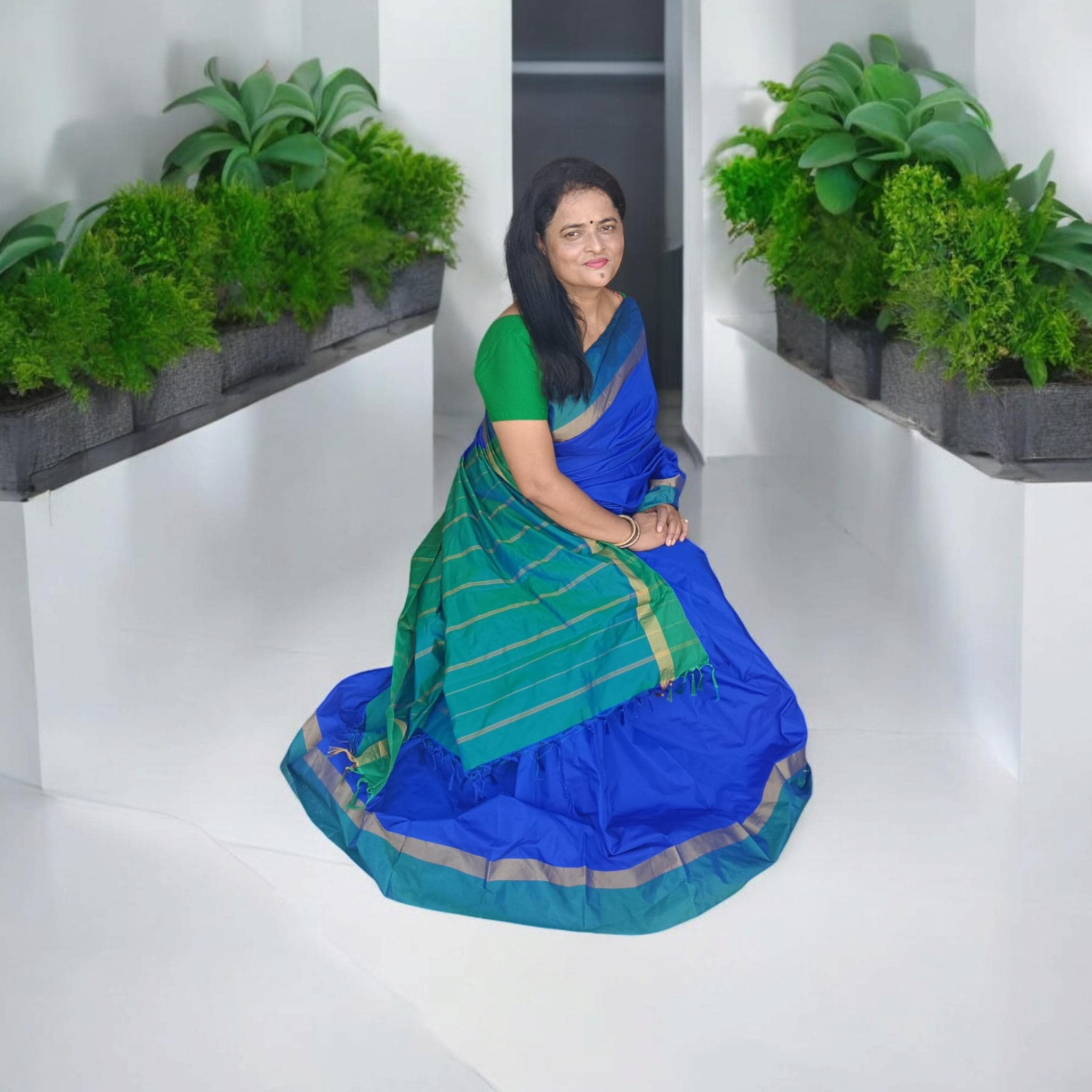 Blue Green Silk Saree With Unstitched Green Silk Blouse Golden Work Border Saree For Wedding Gift for her Indian Saree Peacock Color Saree