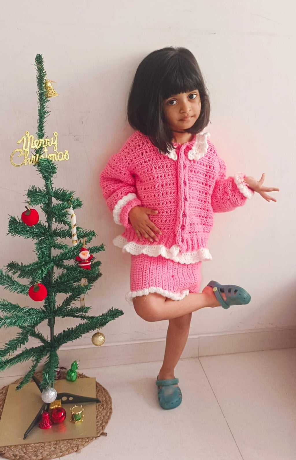 Pink White Woollen Kids Co-ord Sweater Skirt Crochet Pattern Buttoned Sweater Elastic Skirt Easy to Wear Soft Touch Lightweight Comfortable