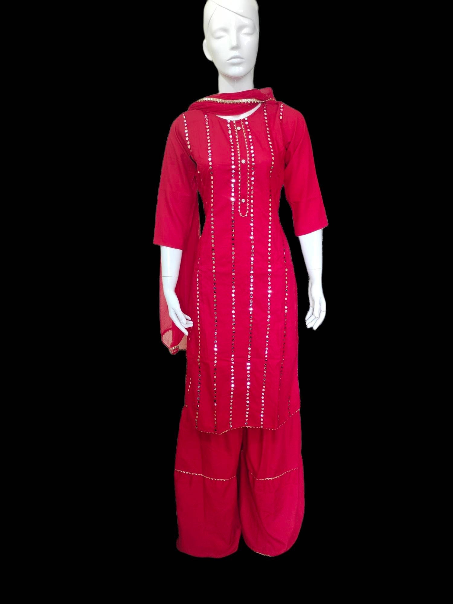 Red Cotton Rayon Mirror work Salwar Kameez Sharara Suit lace work Chiffon Dupatta Bollywood Festival Durga Puja Ethnic Pakistani  Bohemian