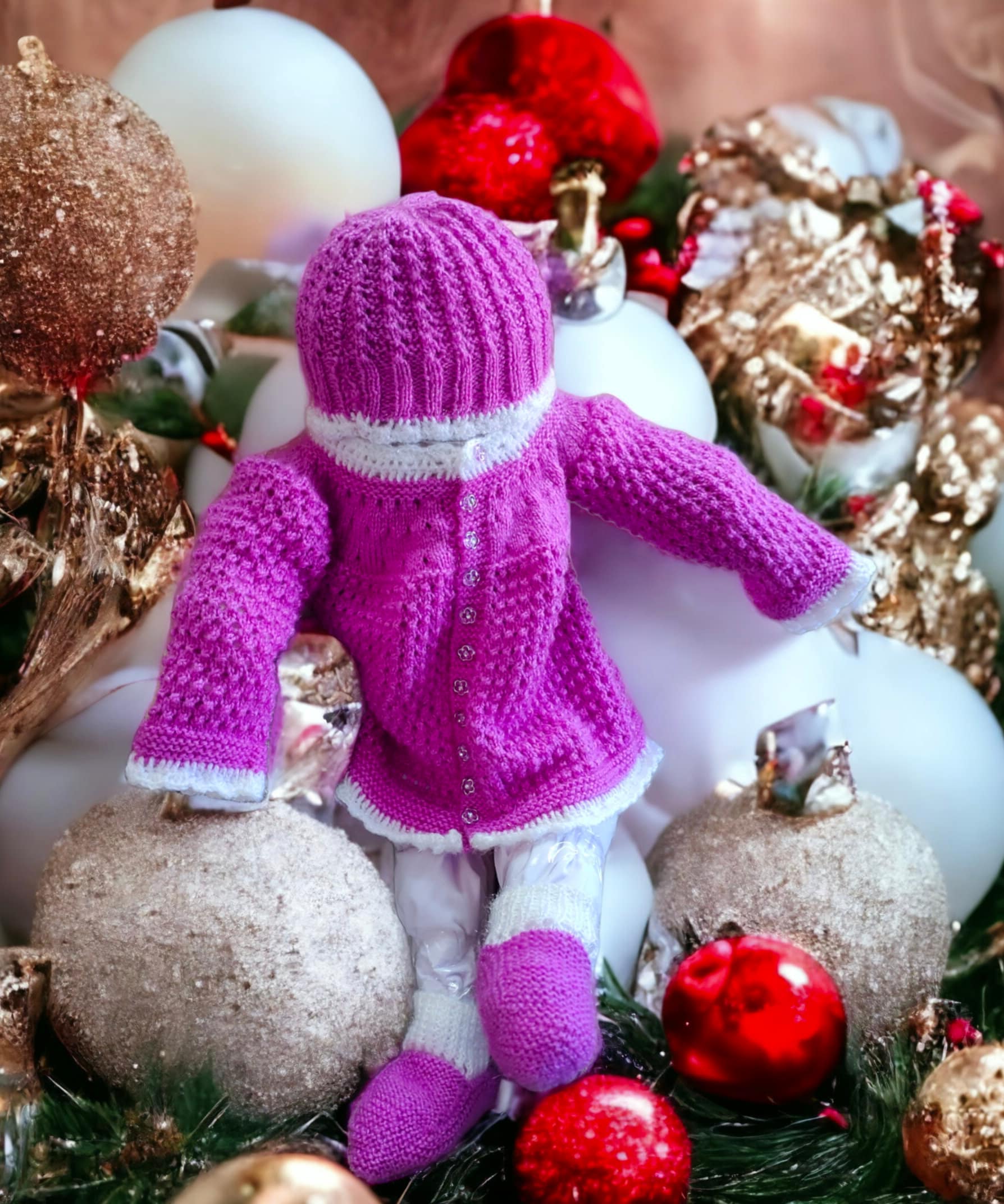 Baby Girls and Baby Boys Lavender White Casual Handmade Woollen Buttoned Sweter, Cap/Beanies And Shoes Winter Outfit Comfortable Sweater