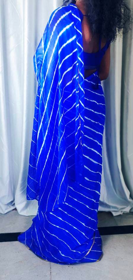Dark Blue Chiffon Jaipuri Bandhani Saree With Crape Blue Unstitched ( customised )Blouse Jaipuri Saree Rajasthani Saree Tie and Dye Saree