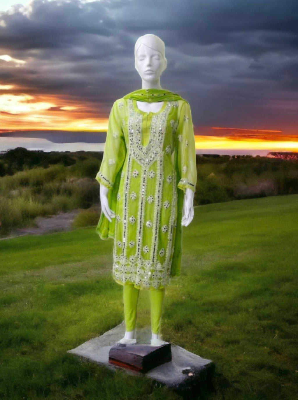 Neon green salwar kameez suit Chiffon chikankari glass work party wear festivals white thread work mirror work