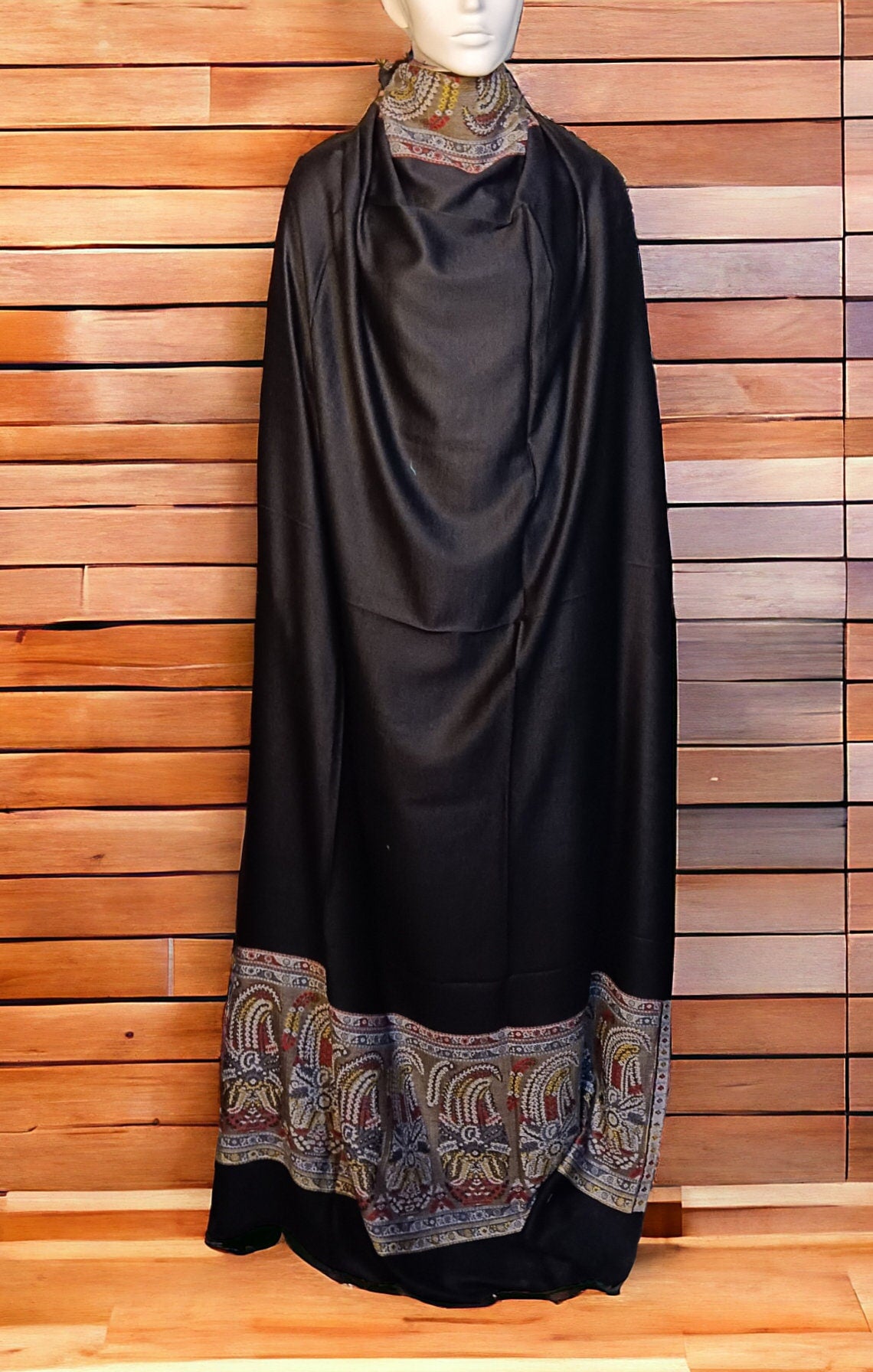 Black Embroidered 100 % Pashmina Cashmere Shawl/Scarf Luxurious Hand woven Soft Touch Lightweight Travel Blanket Vintage Winter Outfit